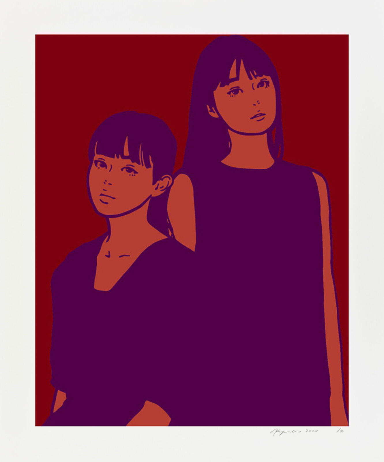 A couple of women standing next to each other in front of a red background.
