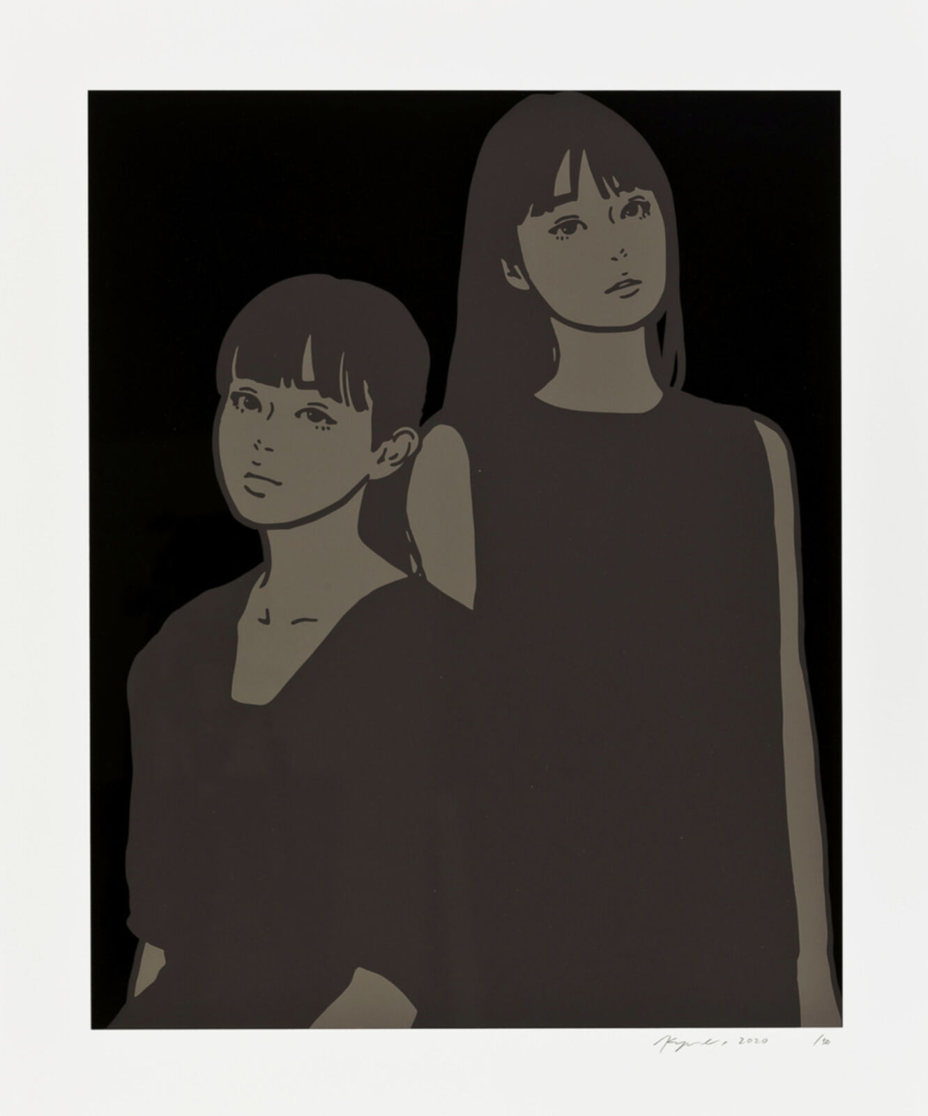 A black and white photo of two women standing next to each other.