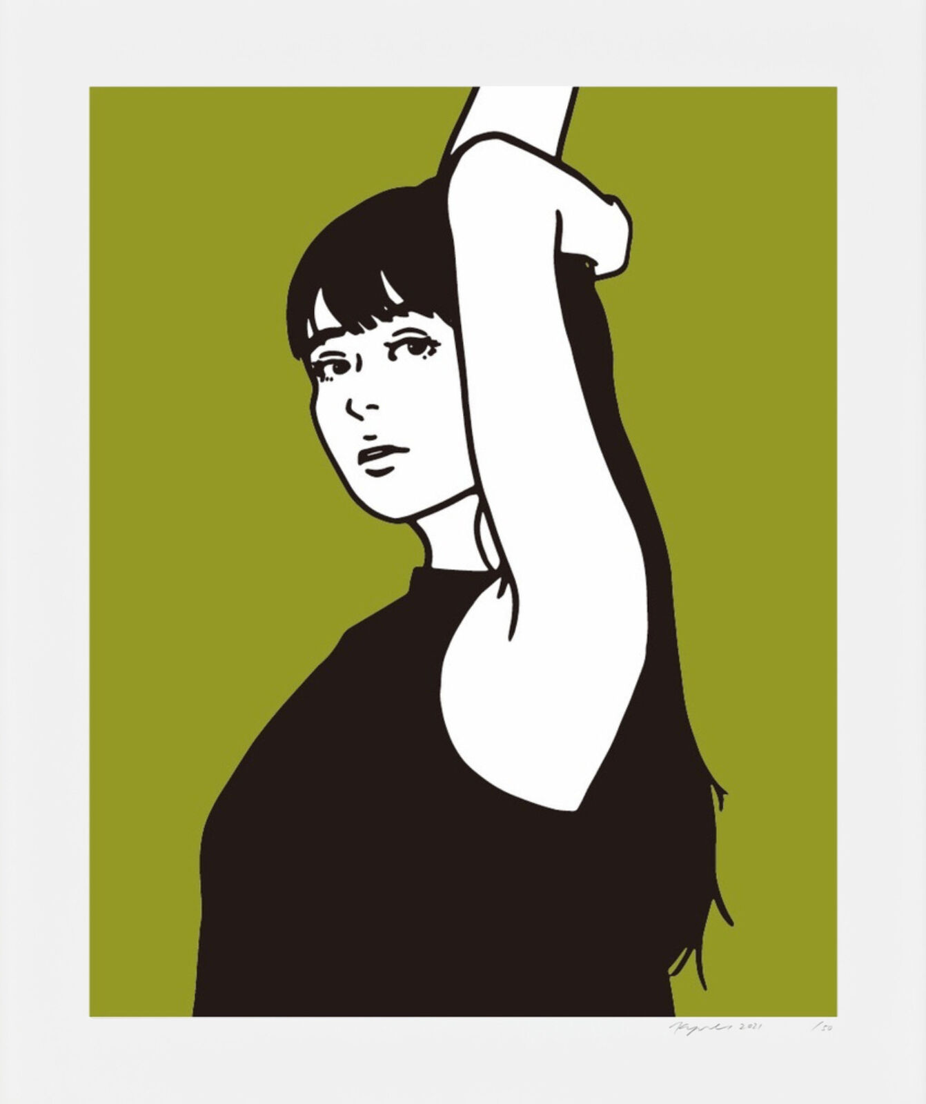 A black and white illustration of a woman with her arm raised.