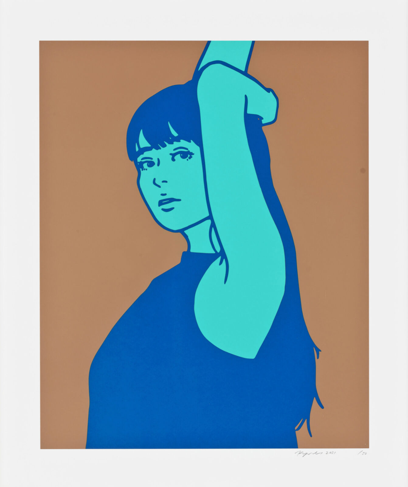 A blue and brown print of a woman with her arm raised.