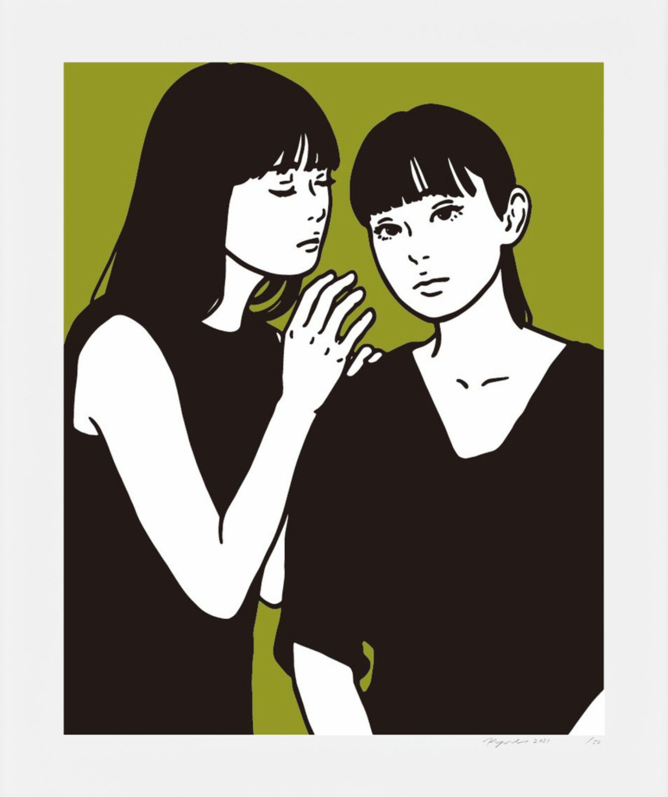 A black and white illustration of two women standing next to each other.