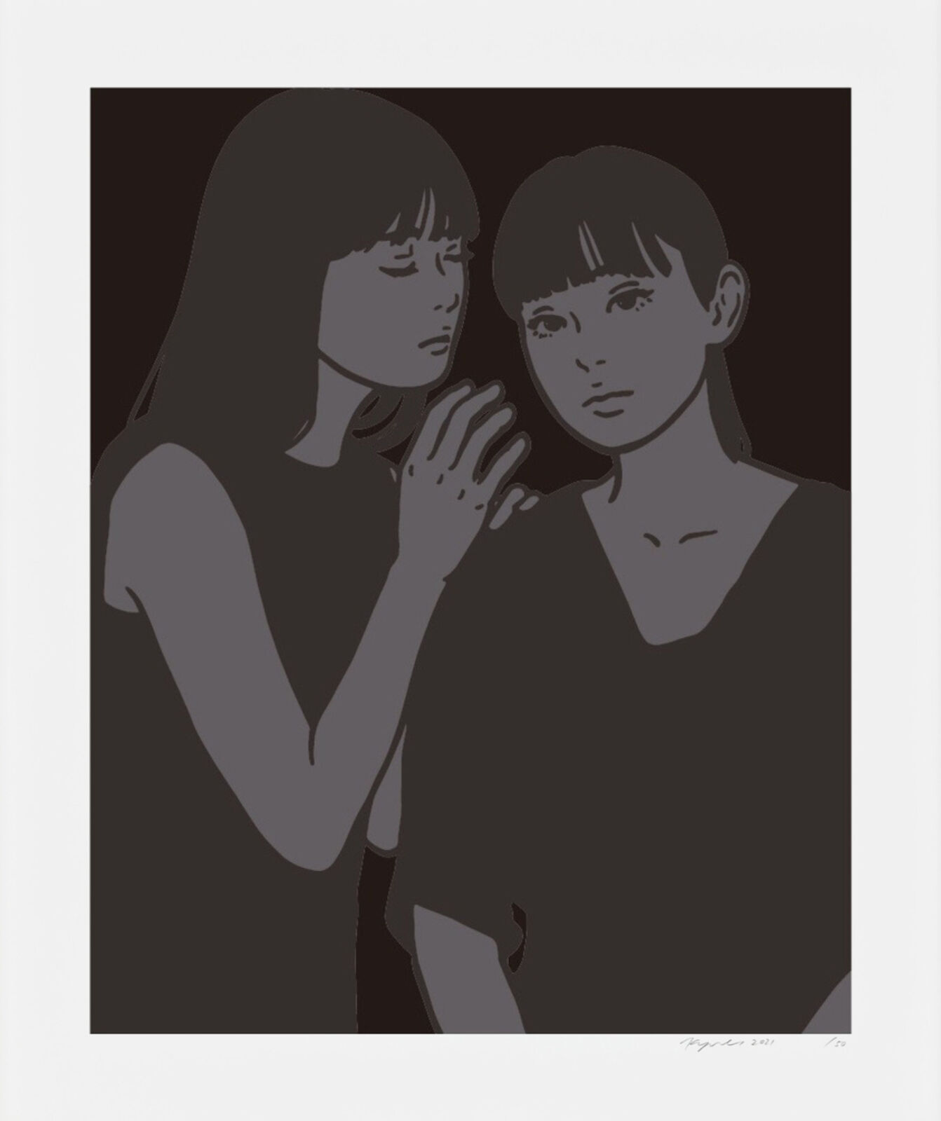 A black and white illustration of two women standing next to each other.