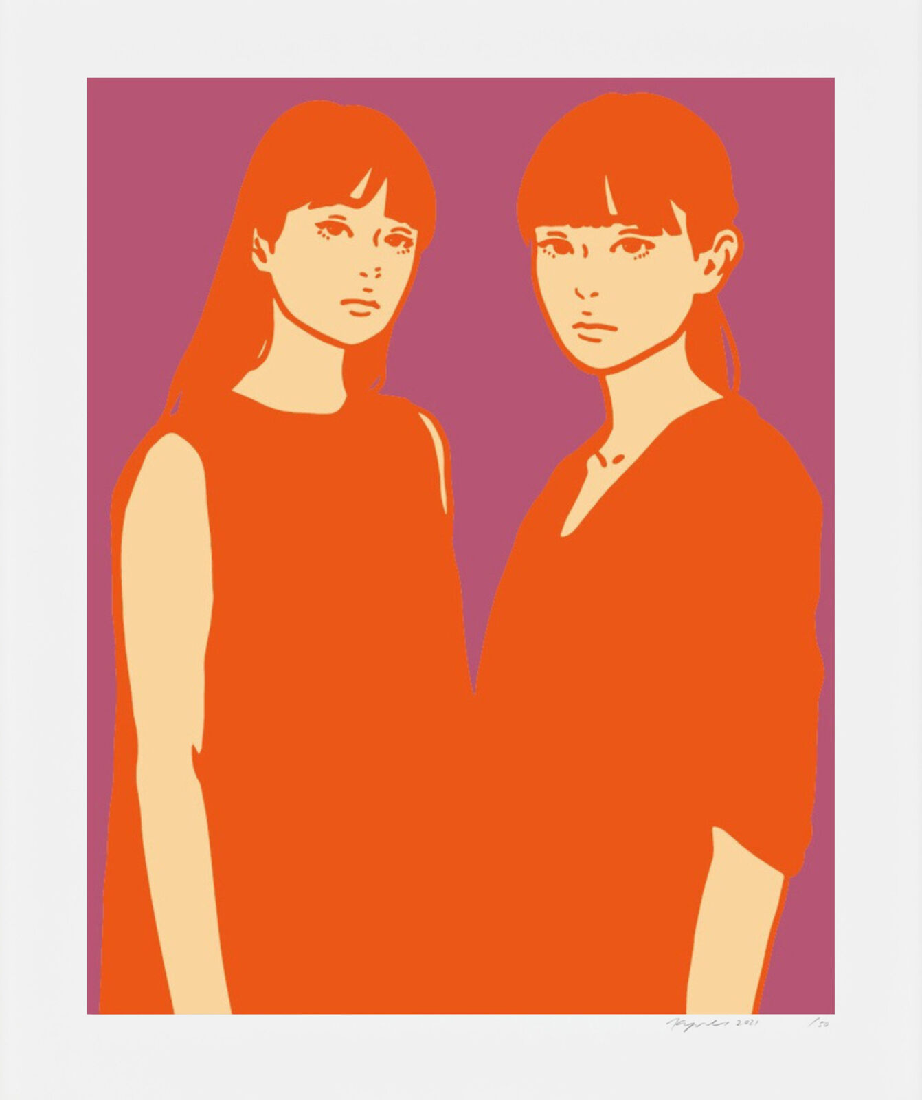 A couple of people standing next to each other in front of a purple background.