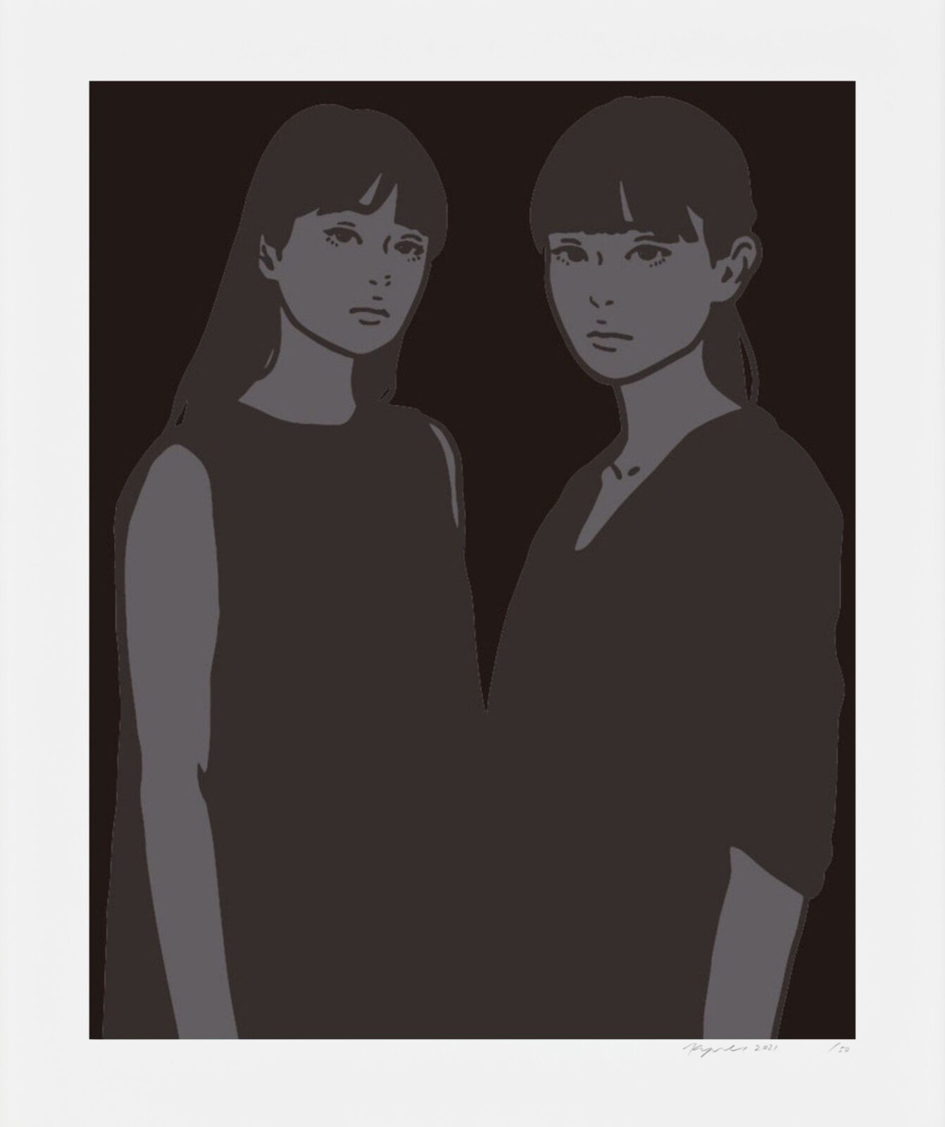 A black and white illustration of two women standing next to each other.