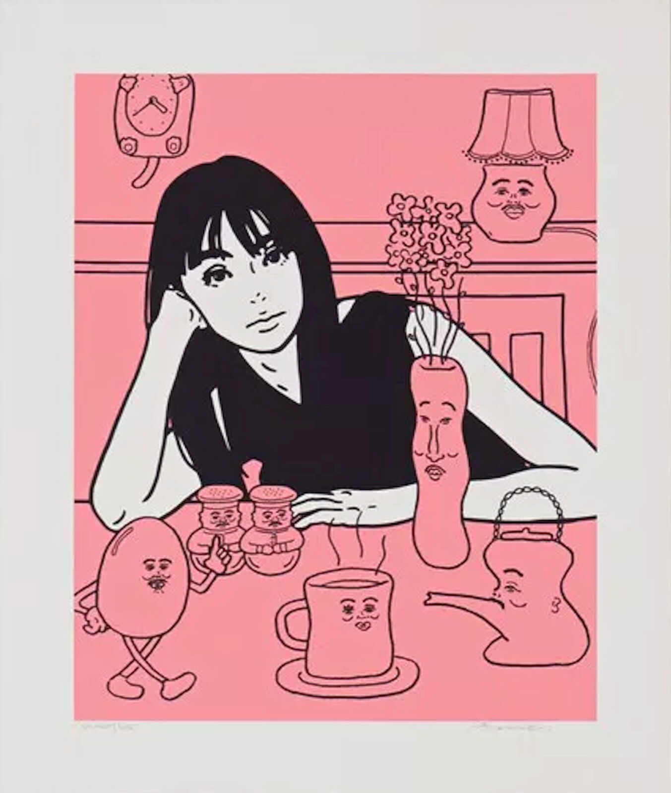 A pink and black illustration of a woman sitting at a table.