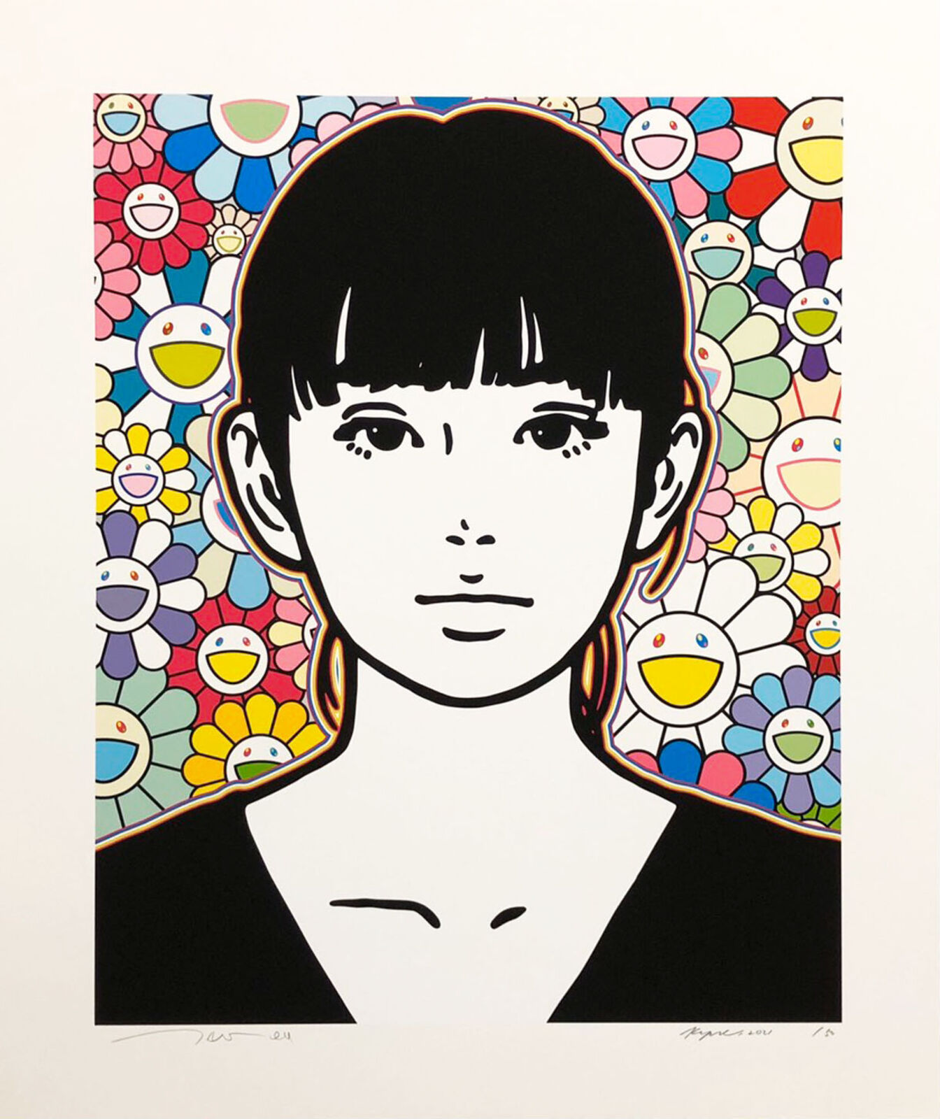 A painting of a woman with flowers in the background.