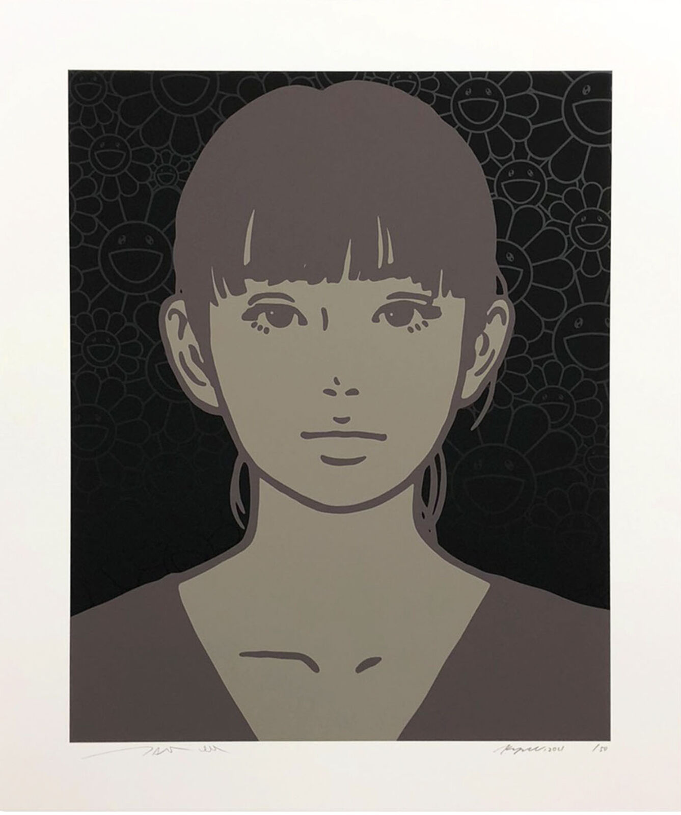 A black and white drawing of a woman's face.