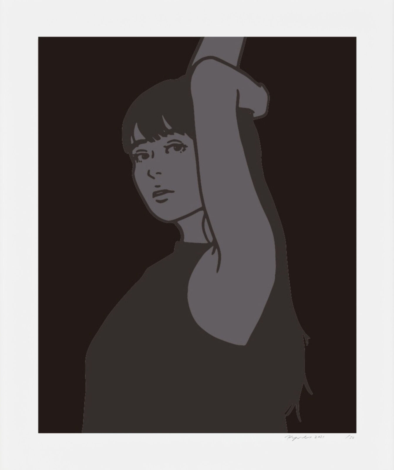 A black and white illustration of a woman with her arm raised.