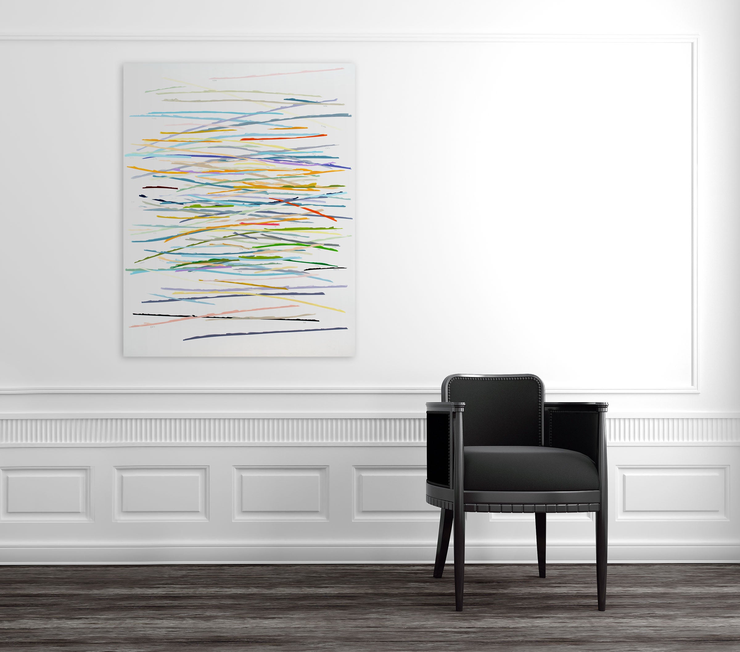 A painting of colorful lines on a white background.