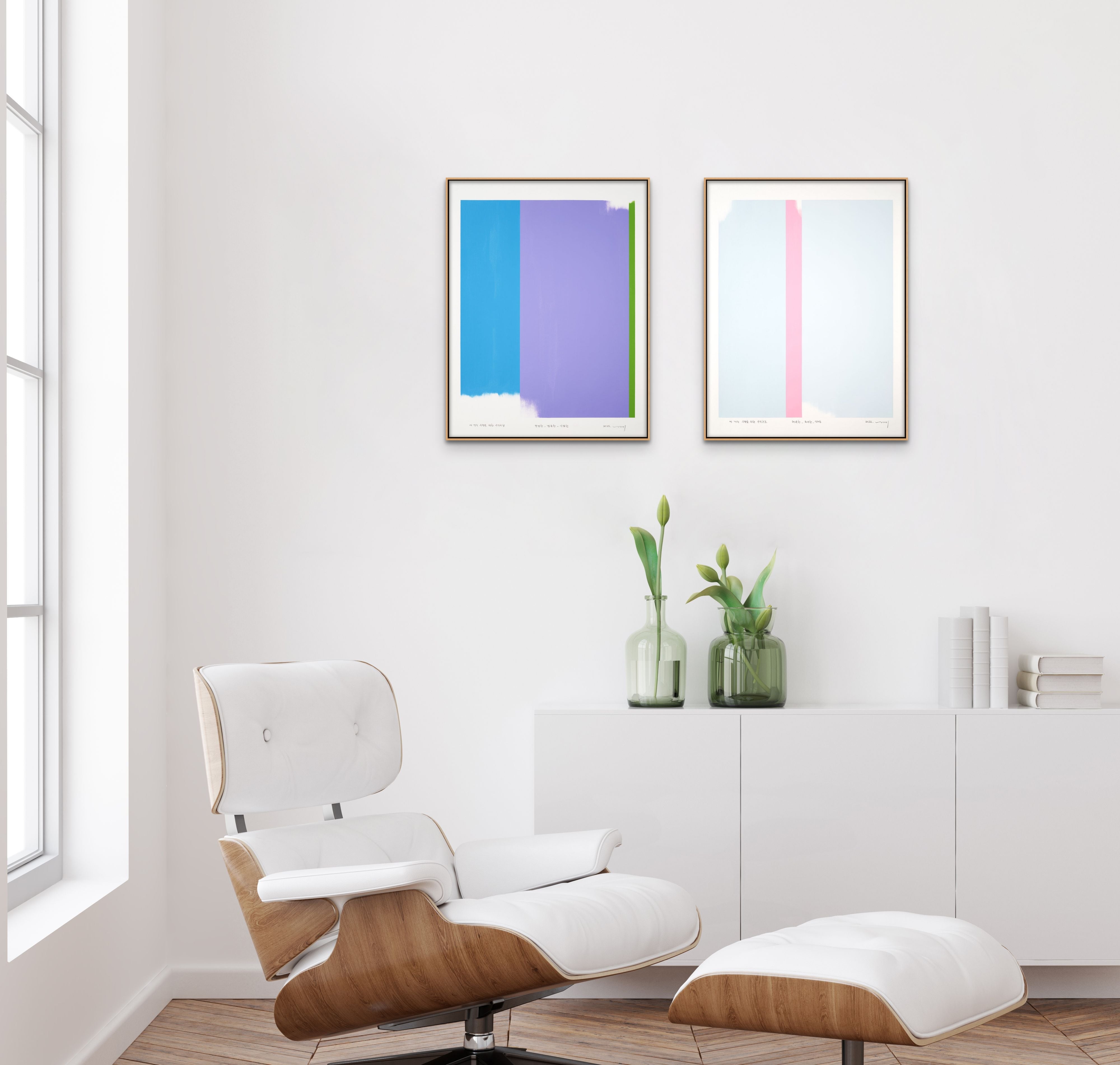 A pink and blue painting on a white wall.