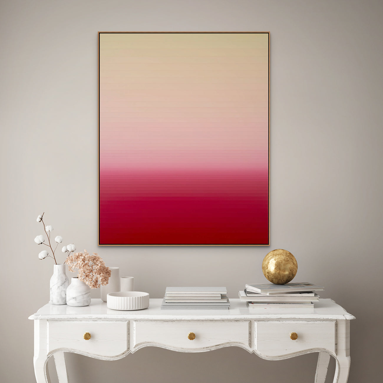 A red and beige ombre background with a white border.
