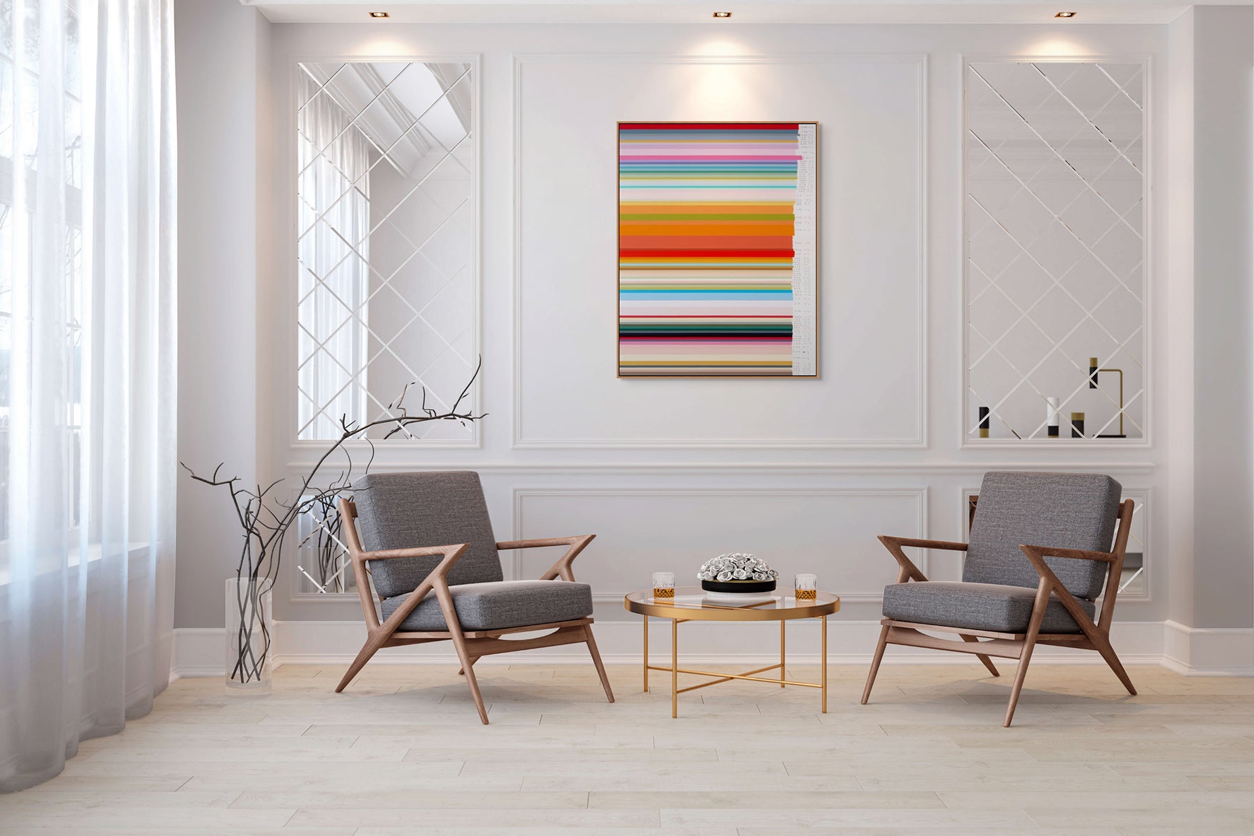 A large piece of art that has a lot of different colored stripes on it.