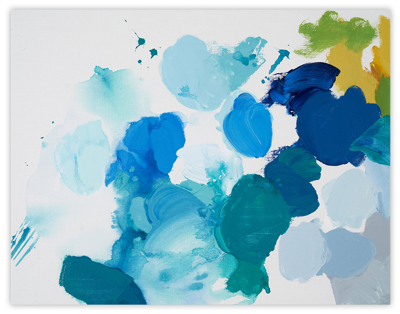A painting of blue and green paint splatters on a white background.