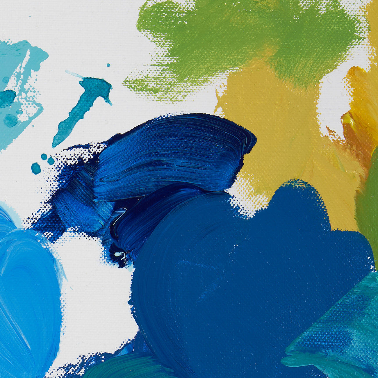A painting of blue and green paint splatters on a white background.