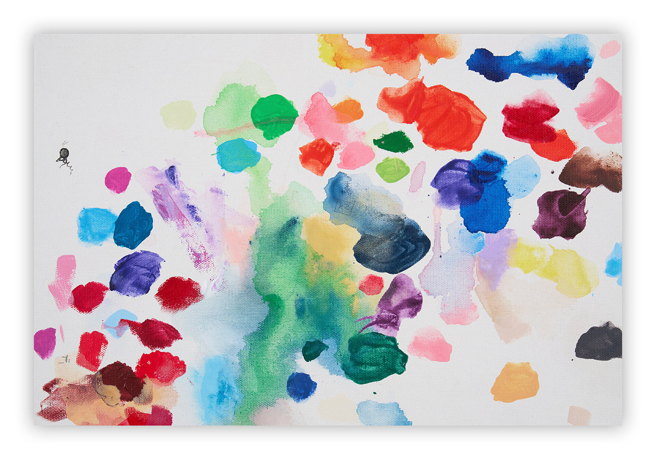 A painting of colorful paint splatters on a white background.