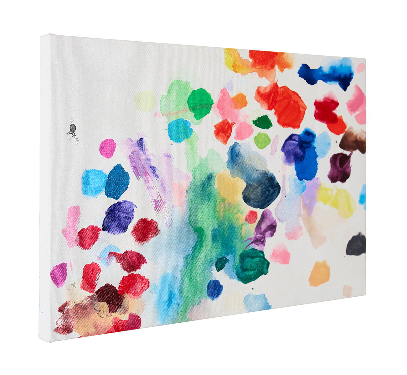 A painting of colorful paint splatters on a white background.