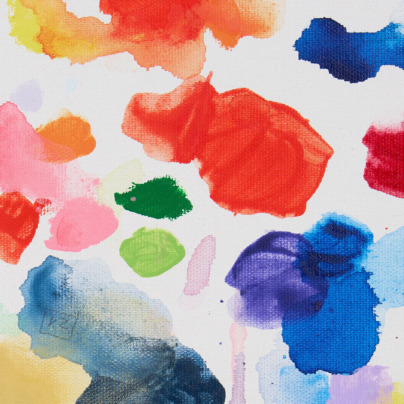 A painting of colorful paint splatters on a white background.