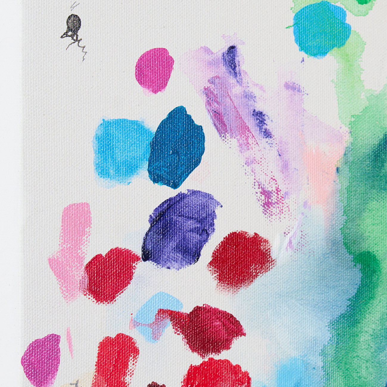 A painting of colorful paint splatters on a white background.
