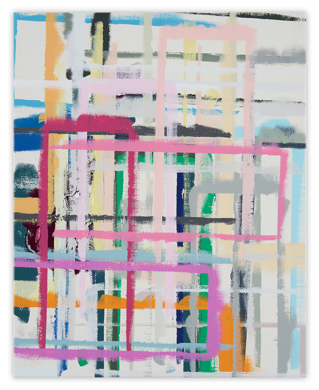 A painting with pink, blue, yellow, and green squares on a white background.