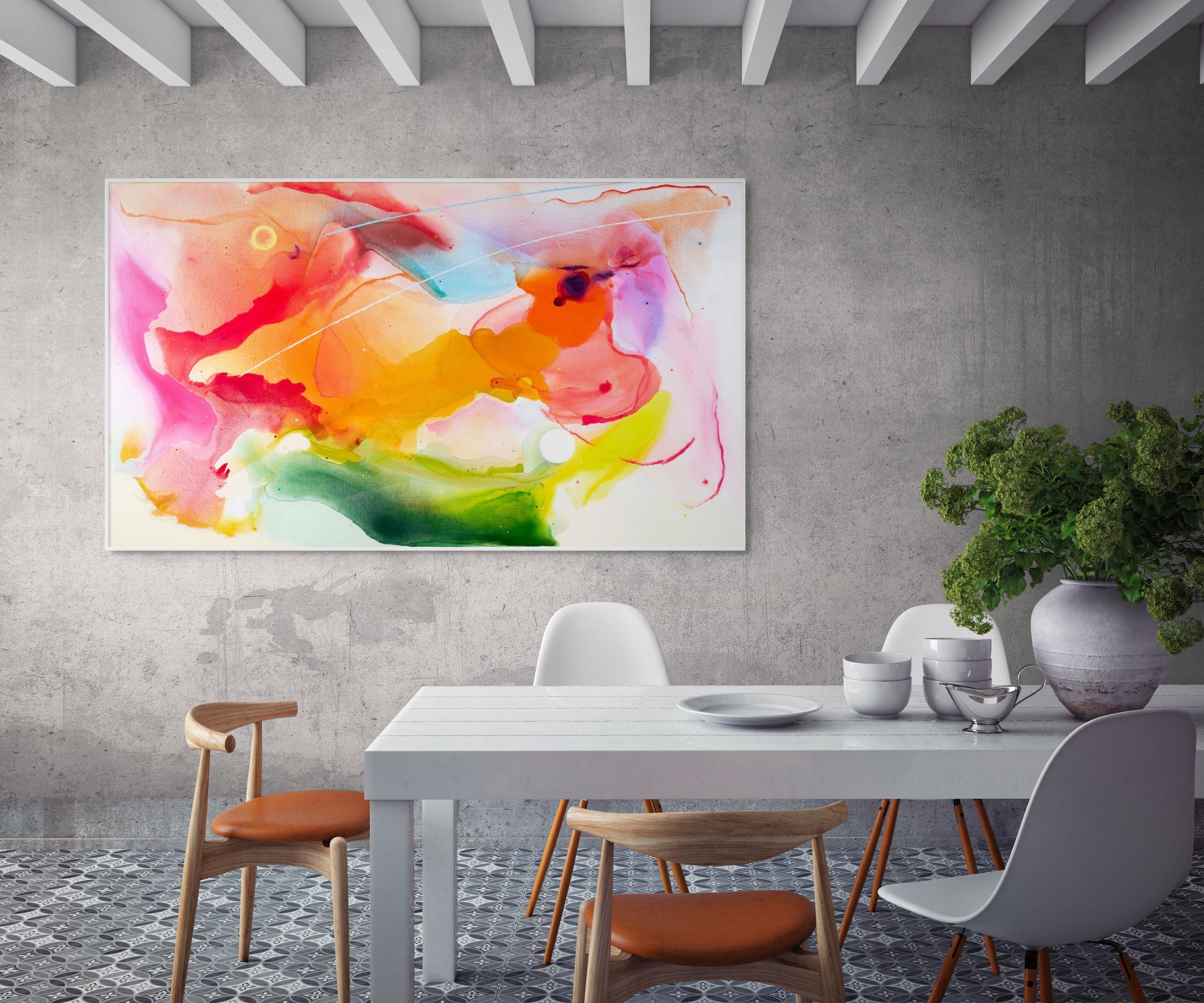 A colorful abstract painting on a white background.