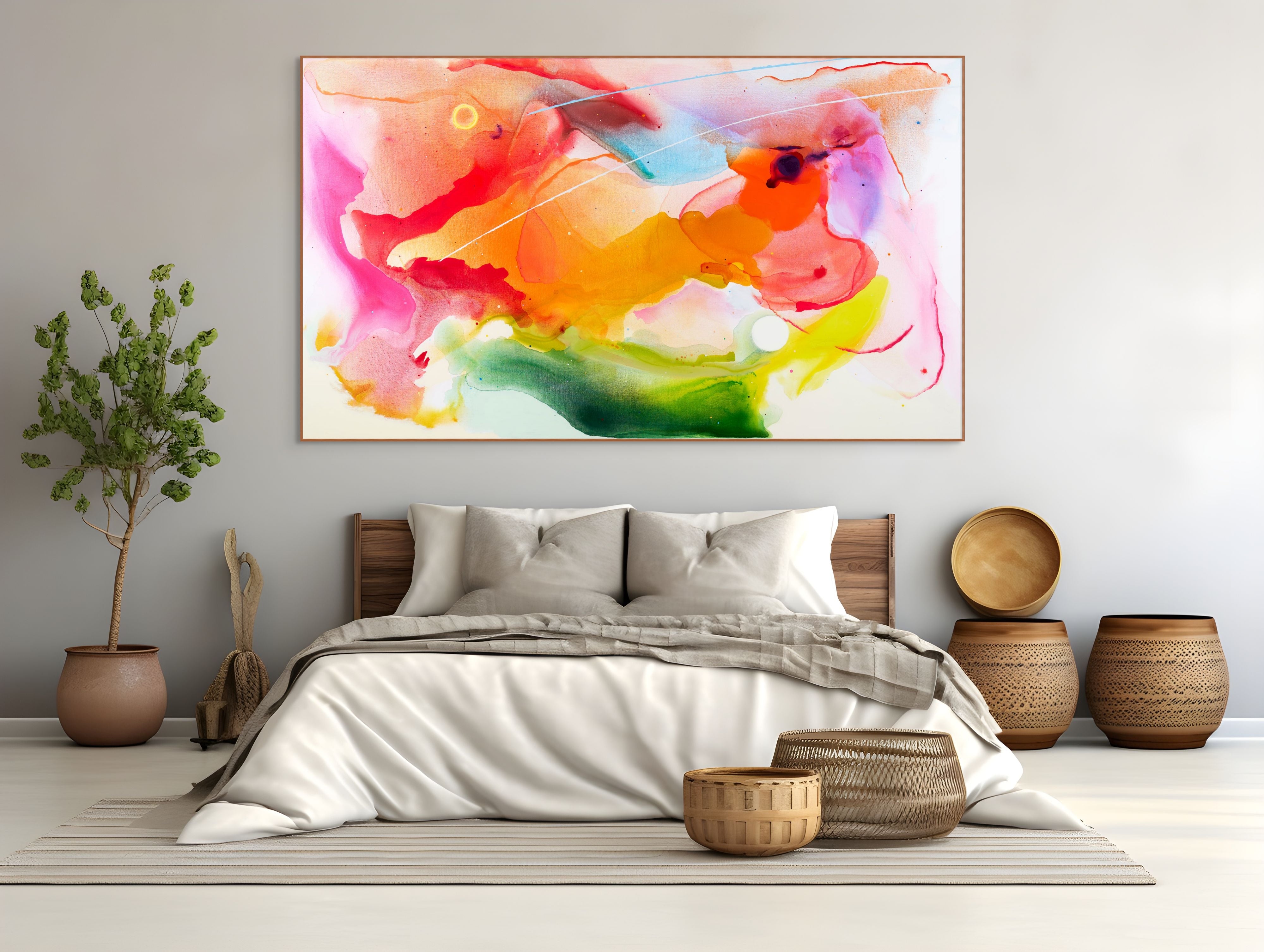 A colorful abstract painting on a white background.