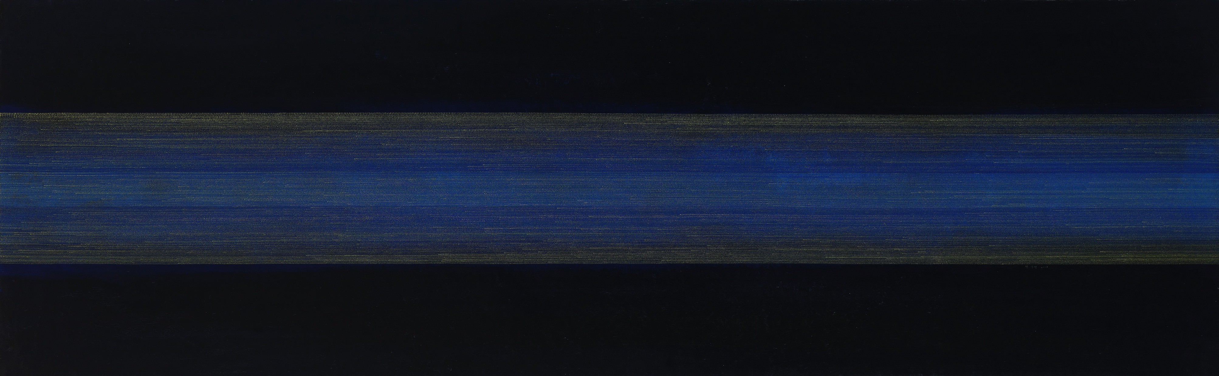 A minimalist abstract composition featuring a horizontal band of deep blue against a dark background.