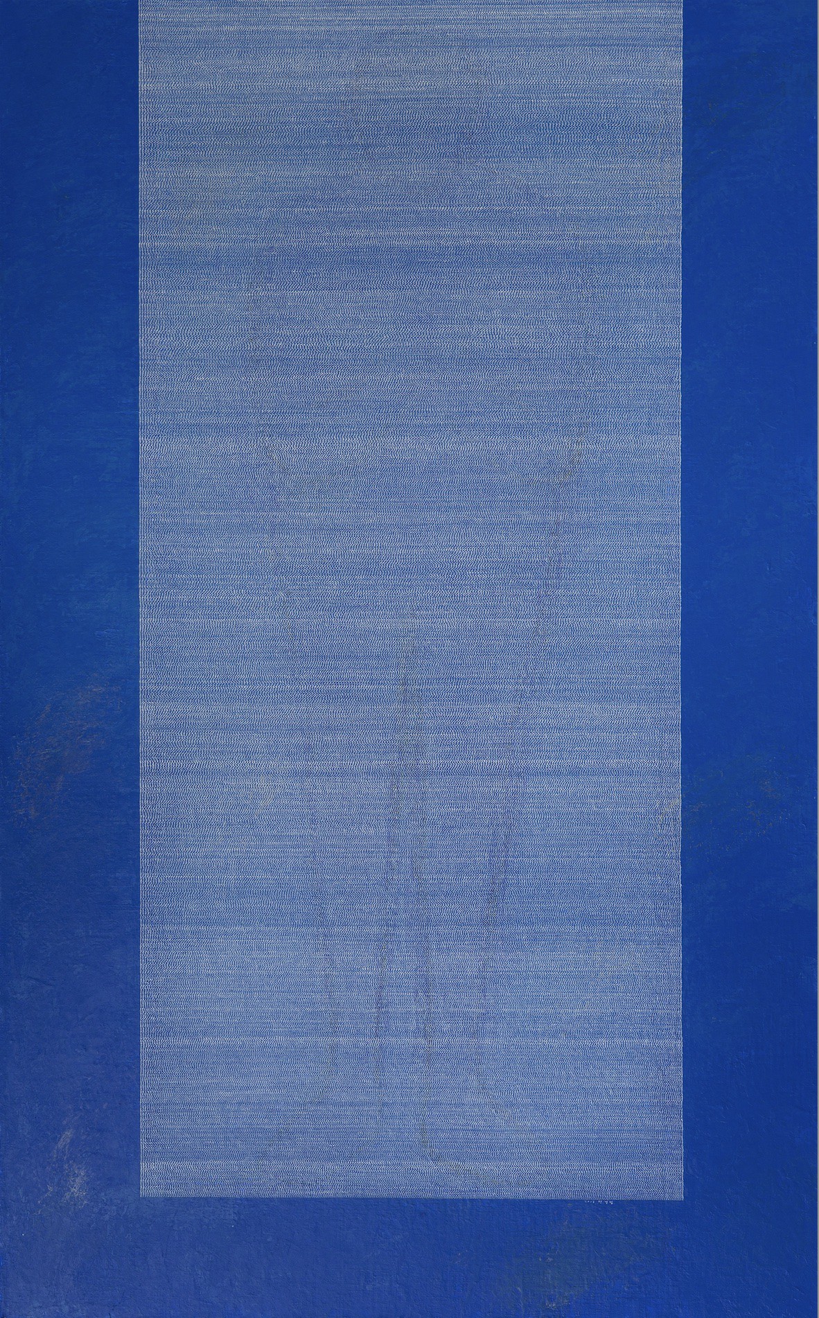 A blue and white painting on a blue background.