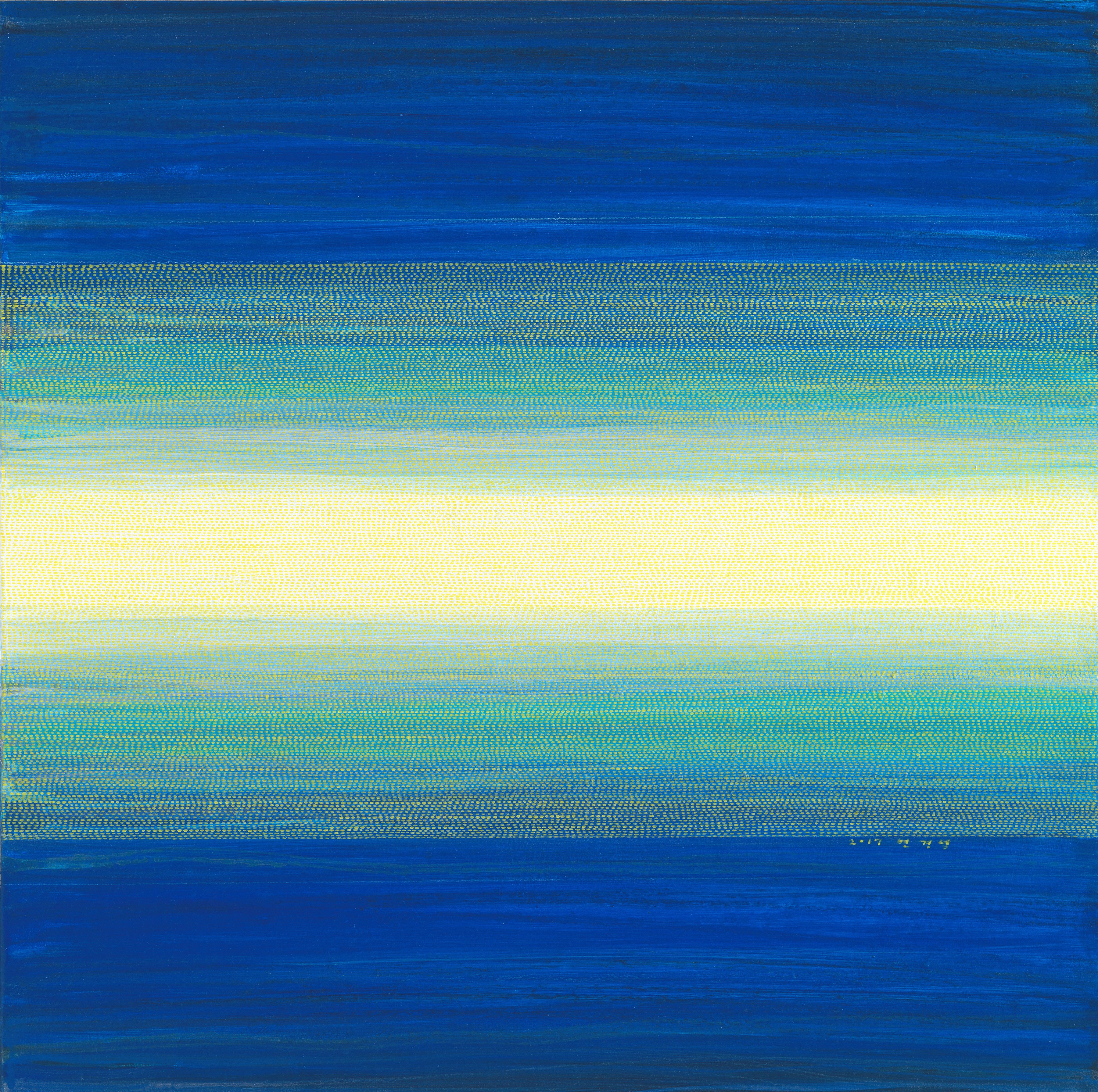 A minimalist abstract composition featuring horizontal bands of blue, teal, and pale yellow.