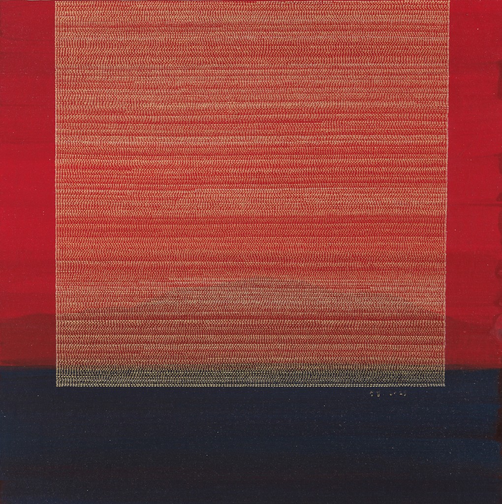 A minimalist abstract composition featuring a textured red rectangle against a blue and red background.