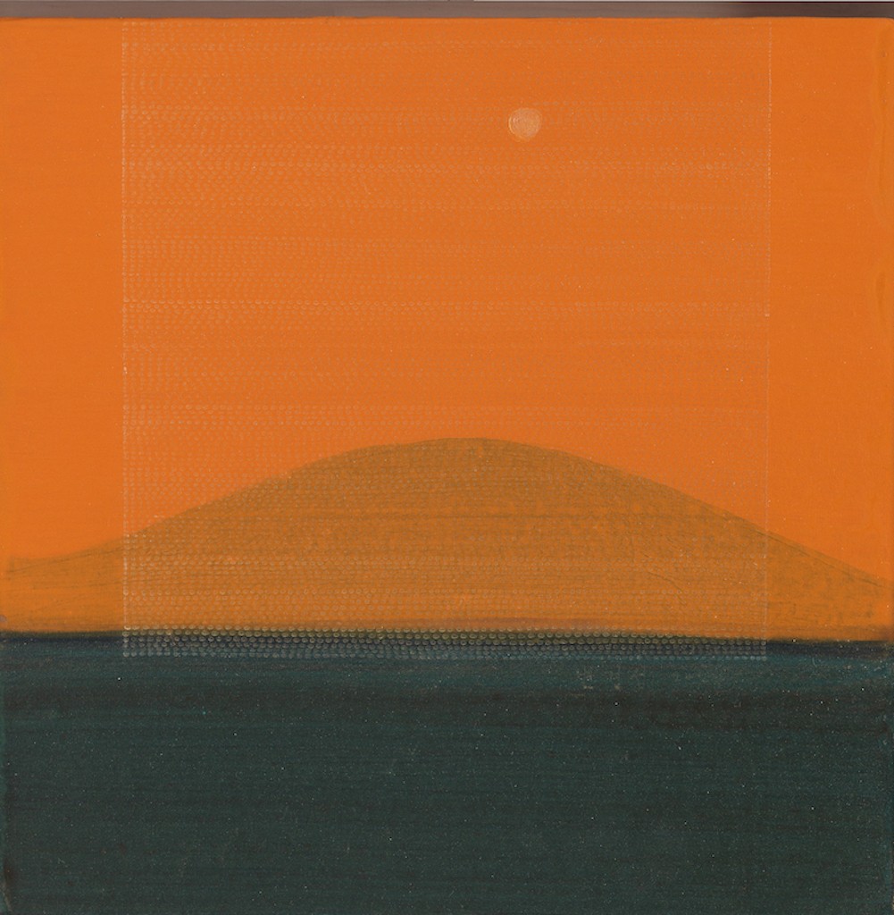 A minimalist landscape featuring a dark hill under an orange sky with a small celestial body.