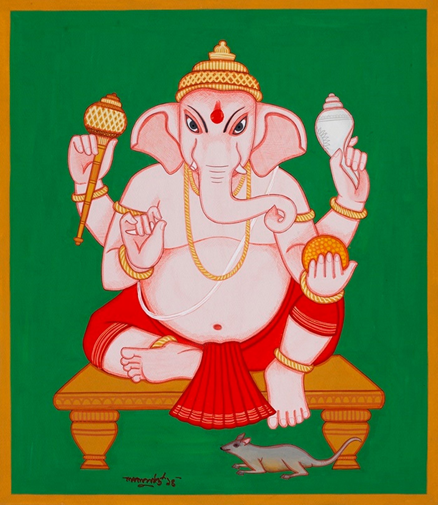 A painting of an elephant sitting on a throne with a mouse.