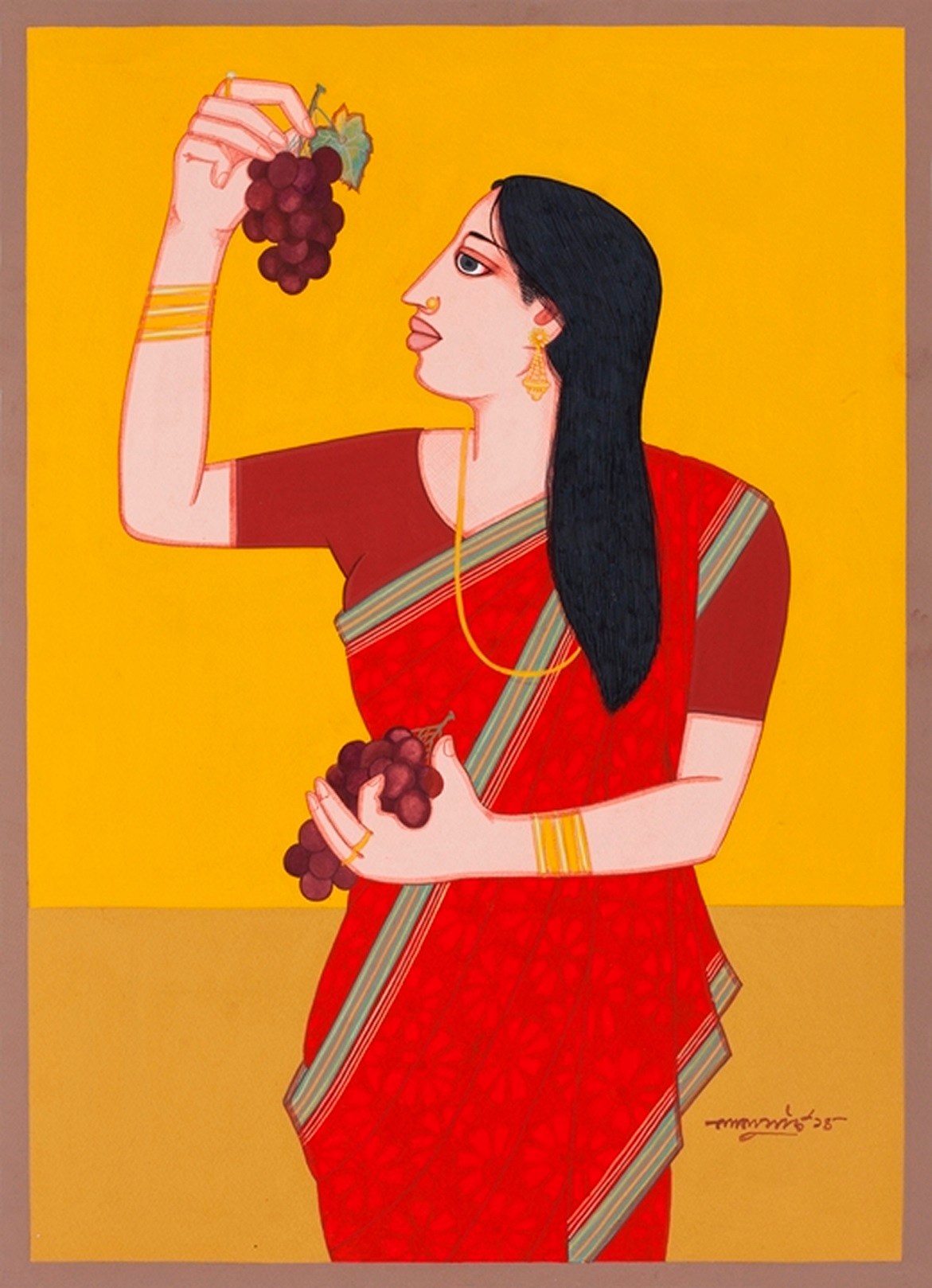 A painting of a woman holding a bunch of grapes.