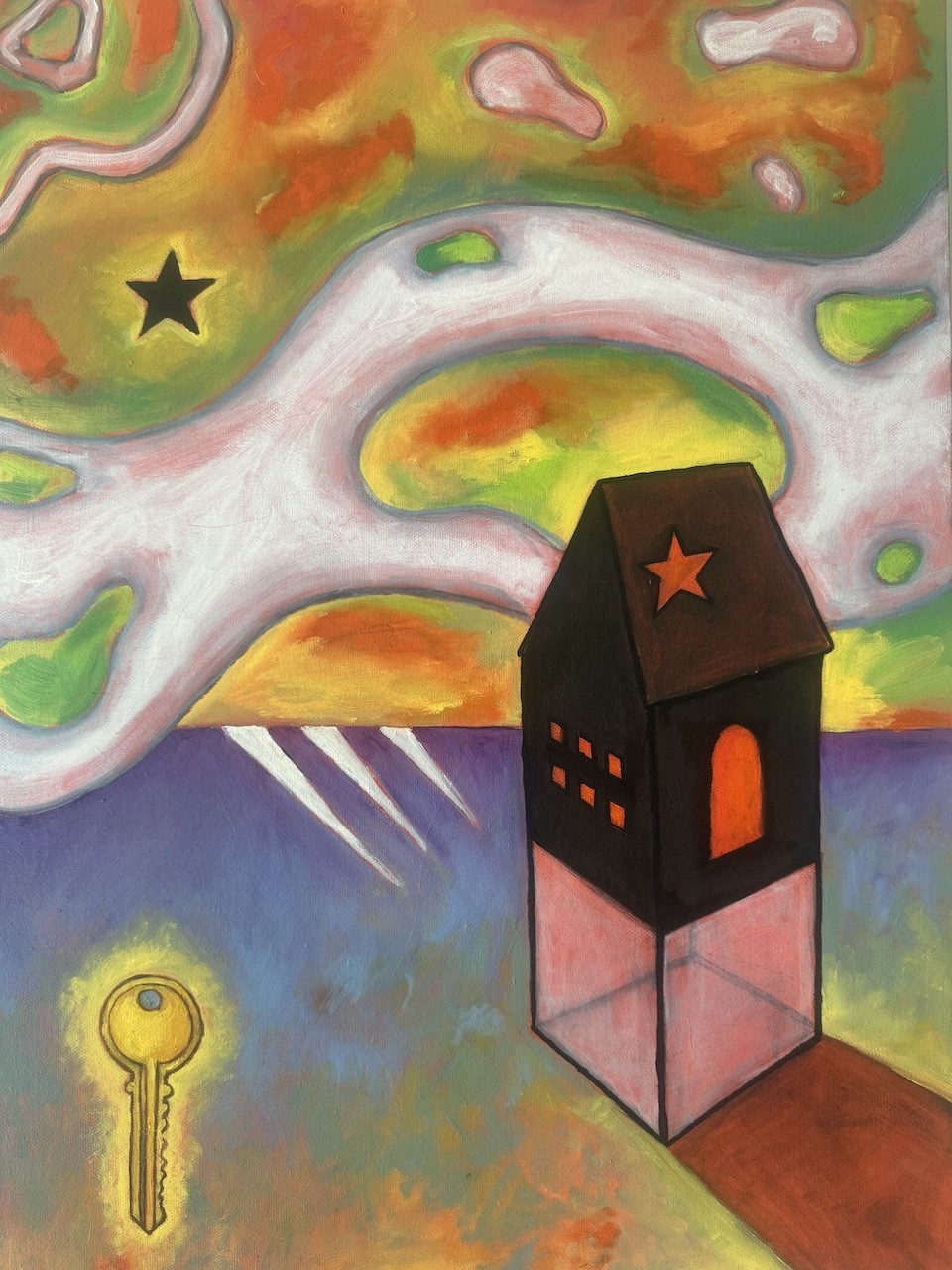 A surreal composition featuring a black house with an orange star, glowing key, and abstract landscape.