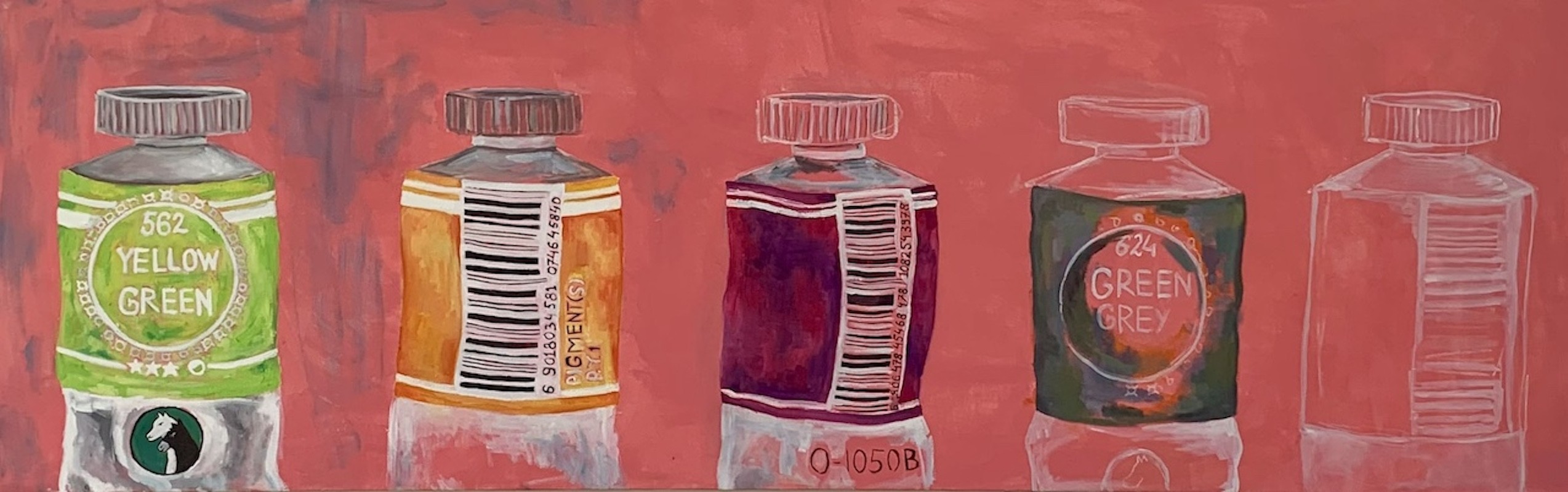 A colorful painting of five paint tubes lined up against a red background.