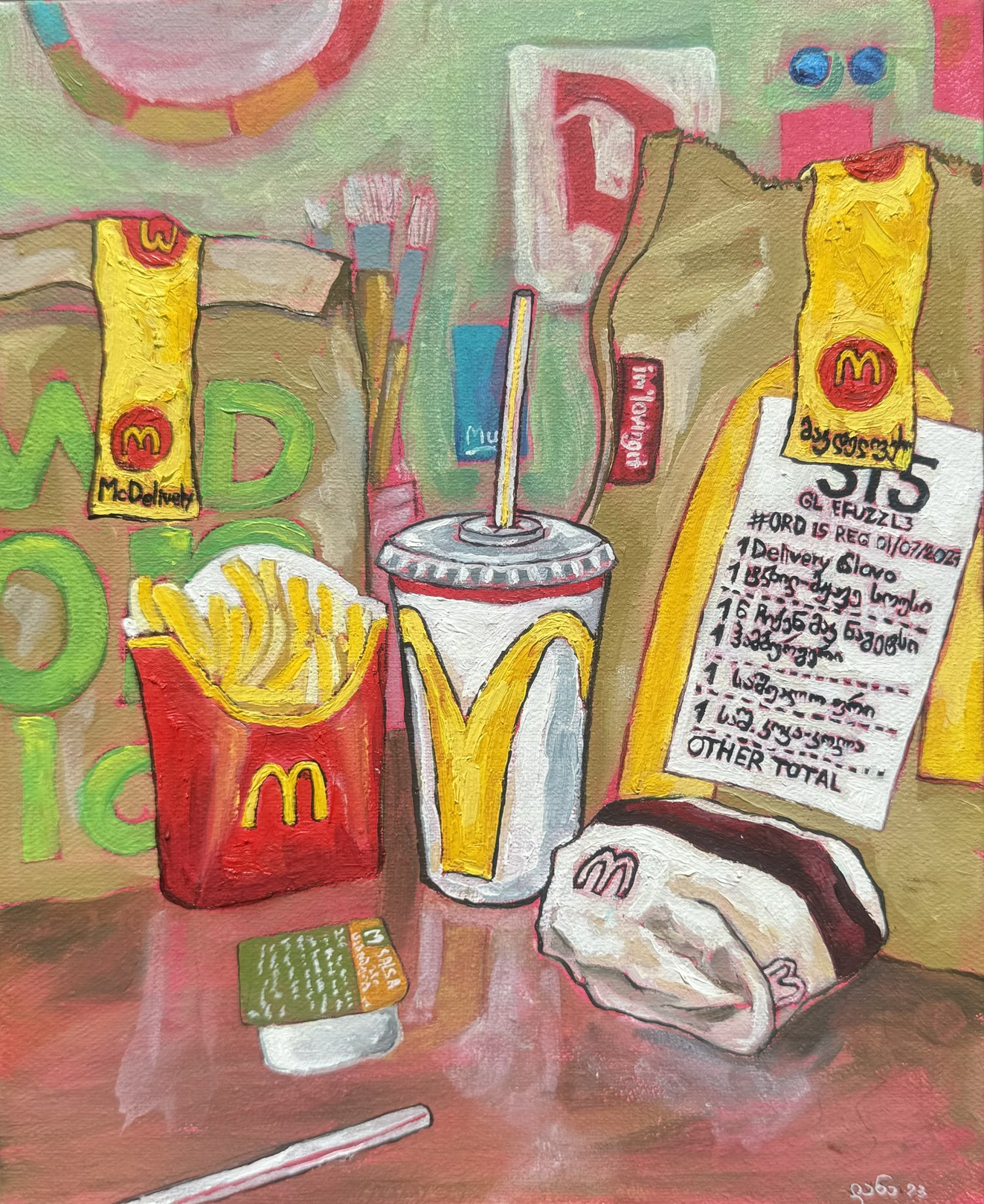 A colorful still life painting of a fast-food meal on a table.