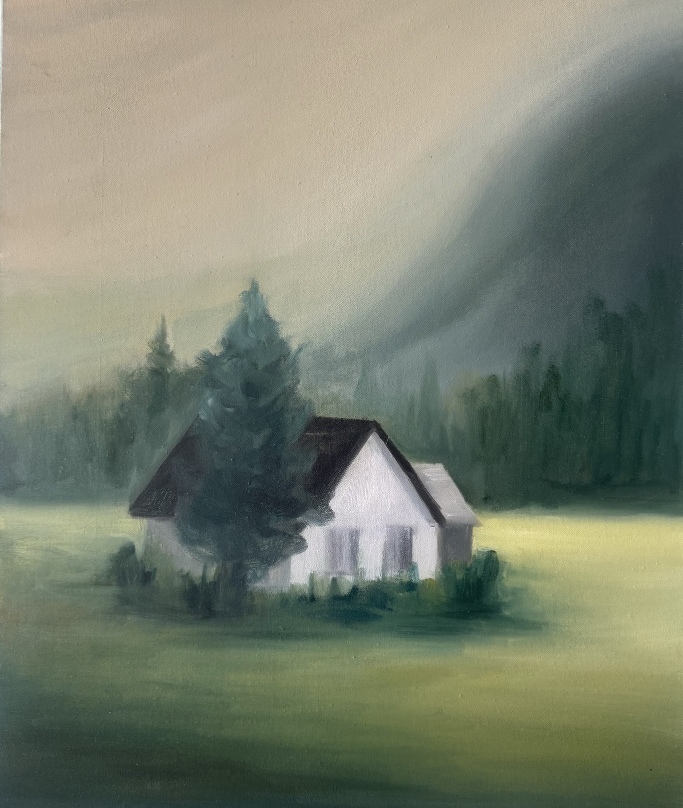 A solitary white house stands in a misty, green landscape under a dark, brooding sky.