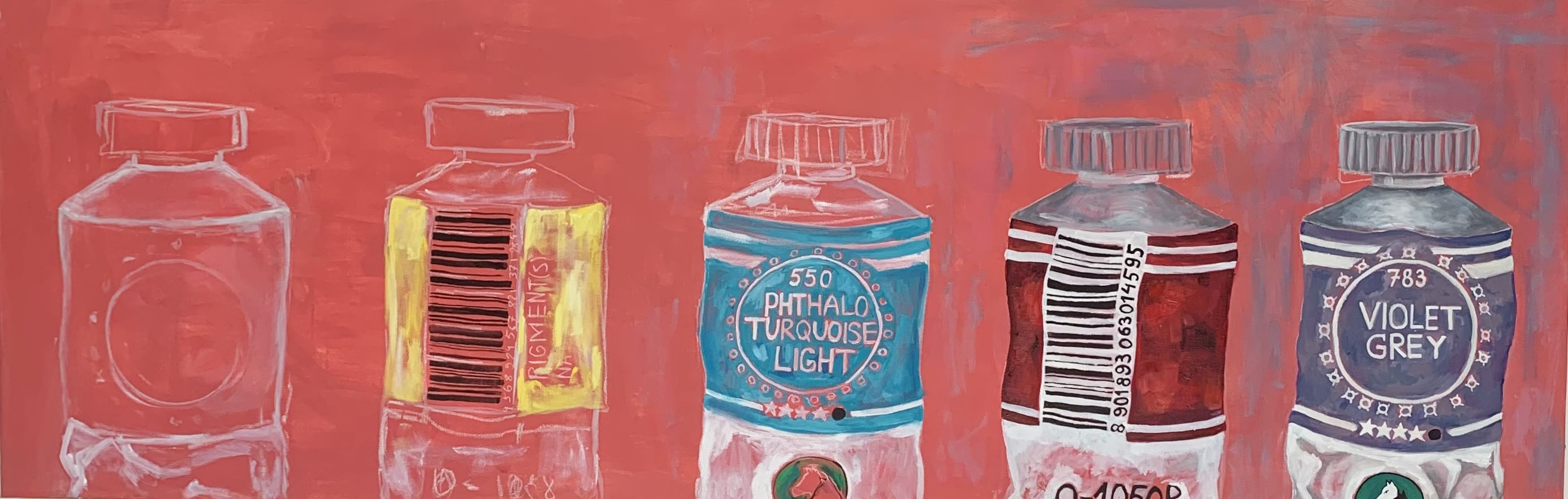 A row of five paint bottles in a vibrant red landscape.