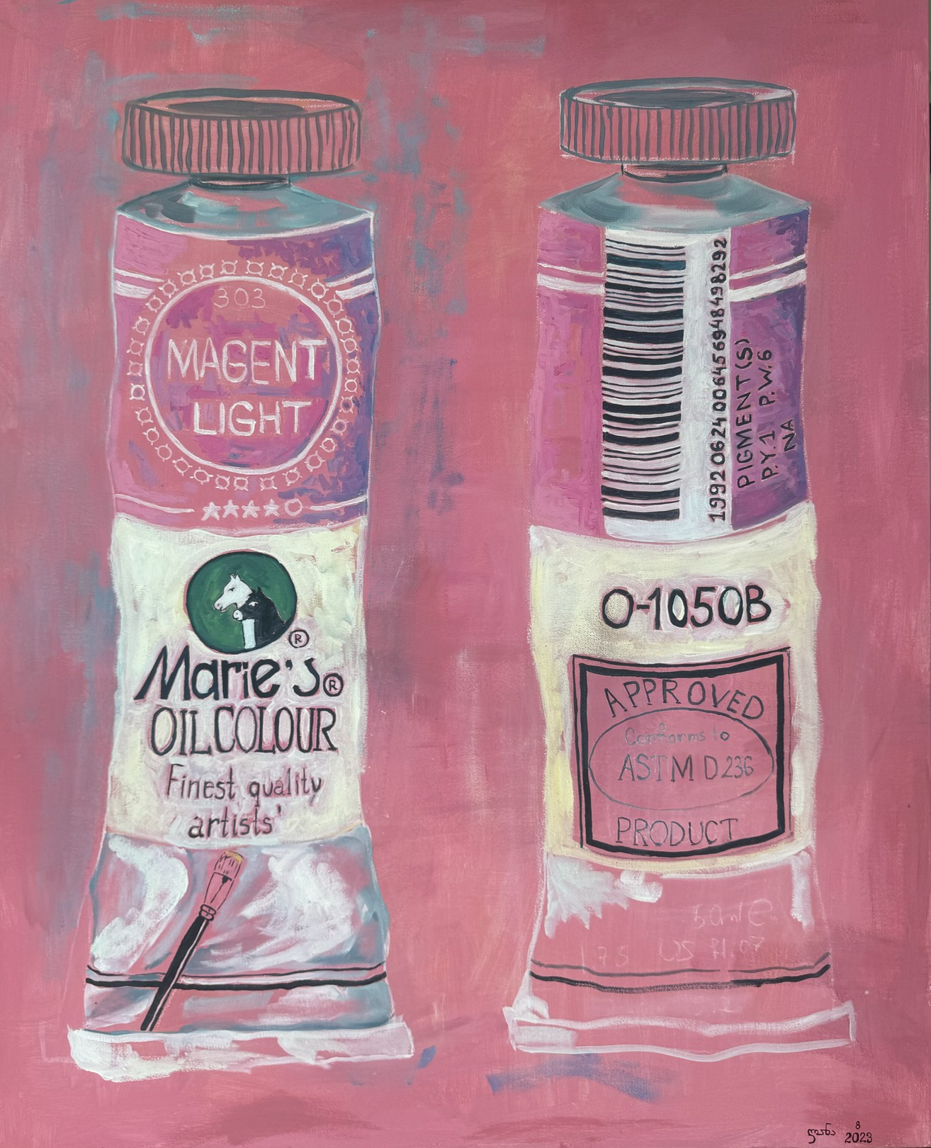 A vibrant painting of two paint tubes against a textured pink background.