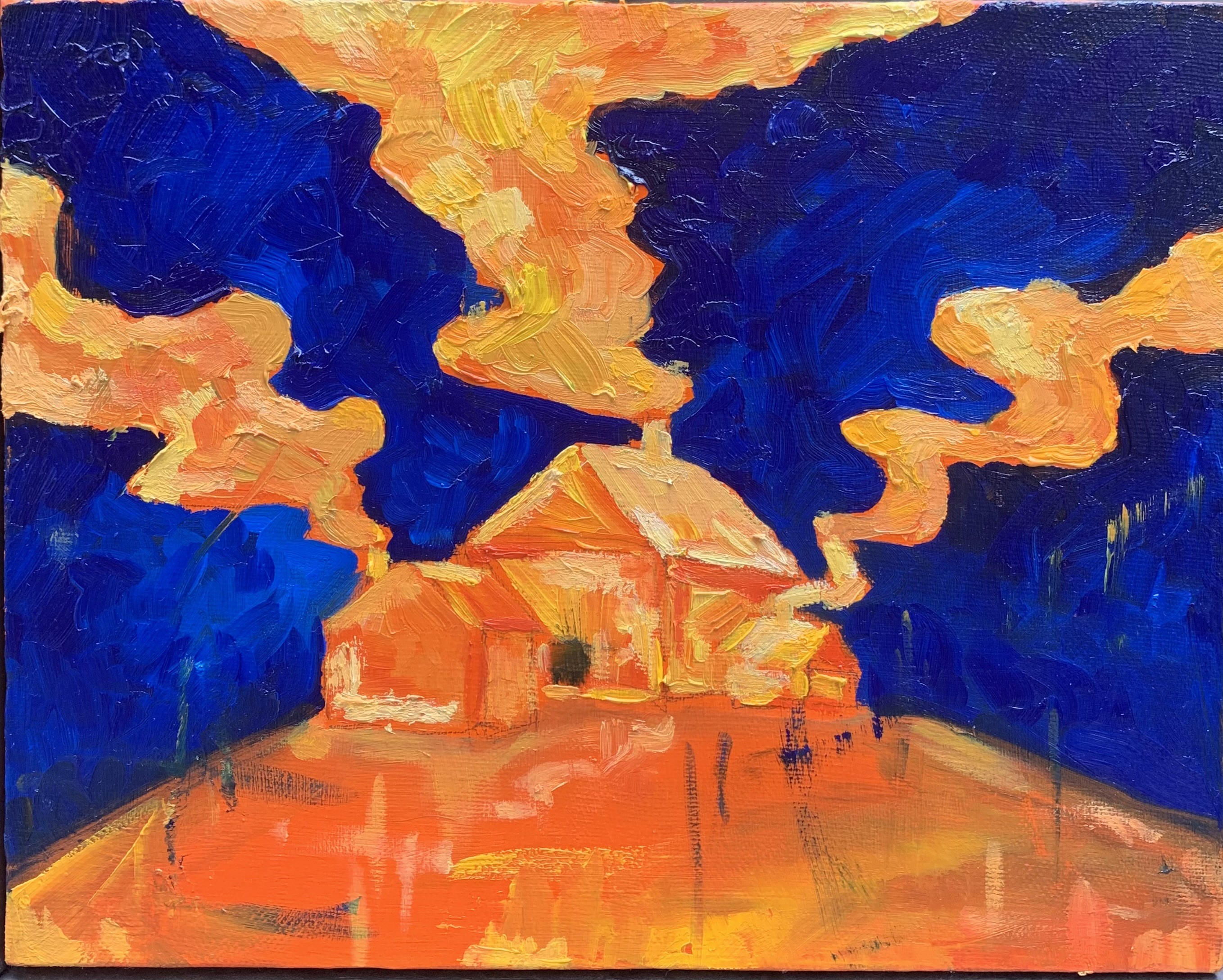 A painting of a house on a hill with smoke coming out of it.