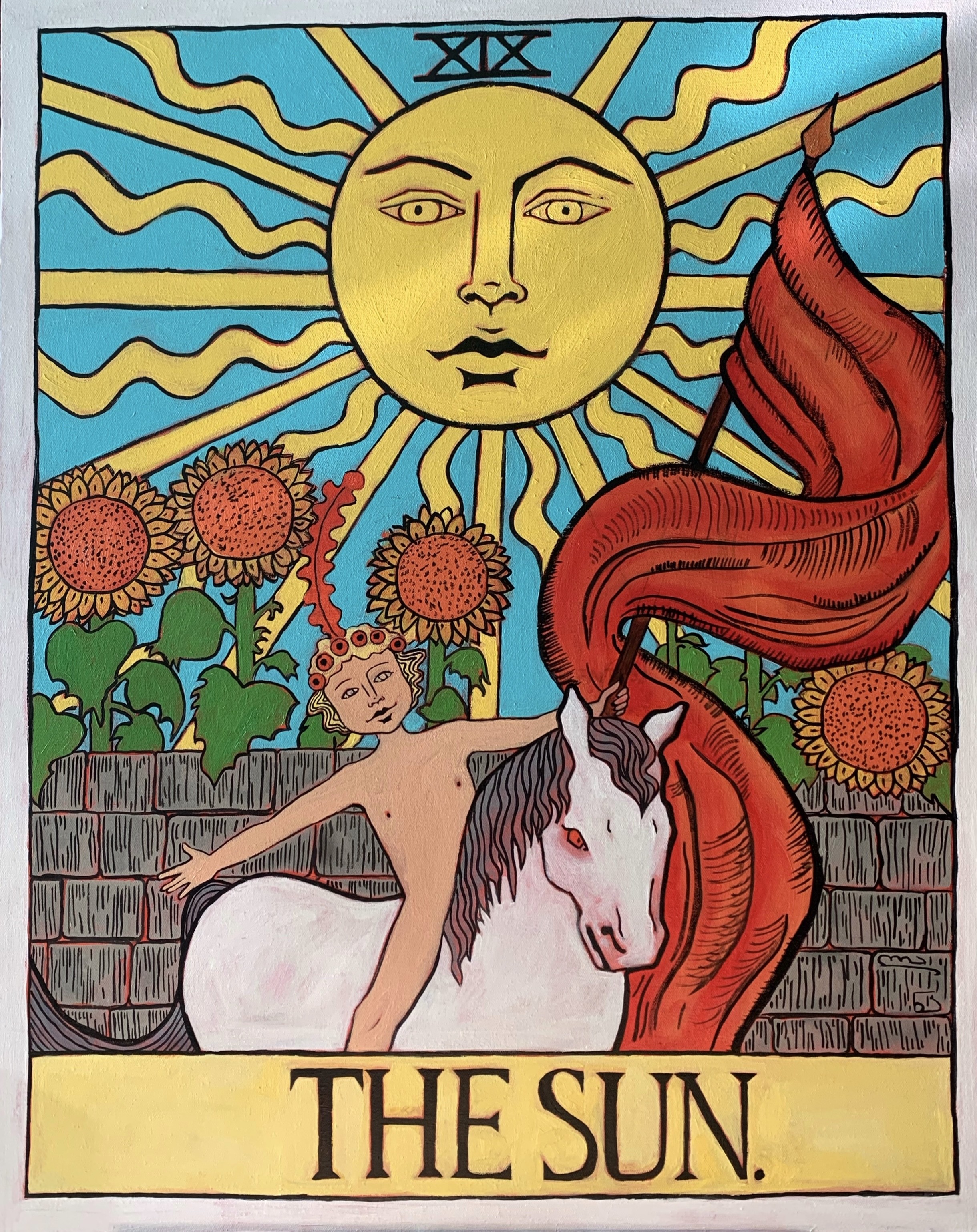 A tarot card with a sun and a woman riding a horse.