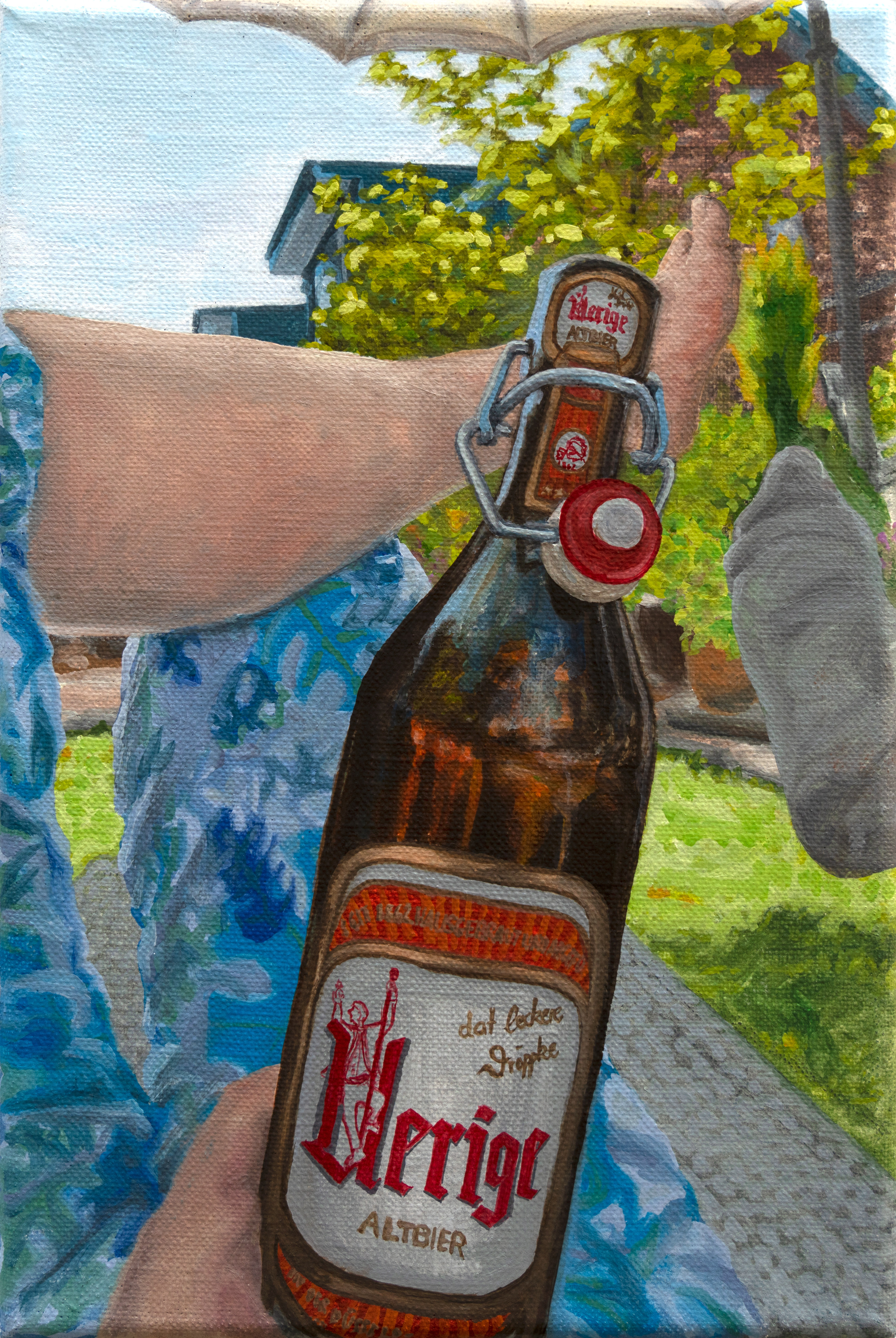 A painting of a person holding a bottle of beer.