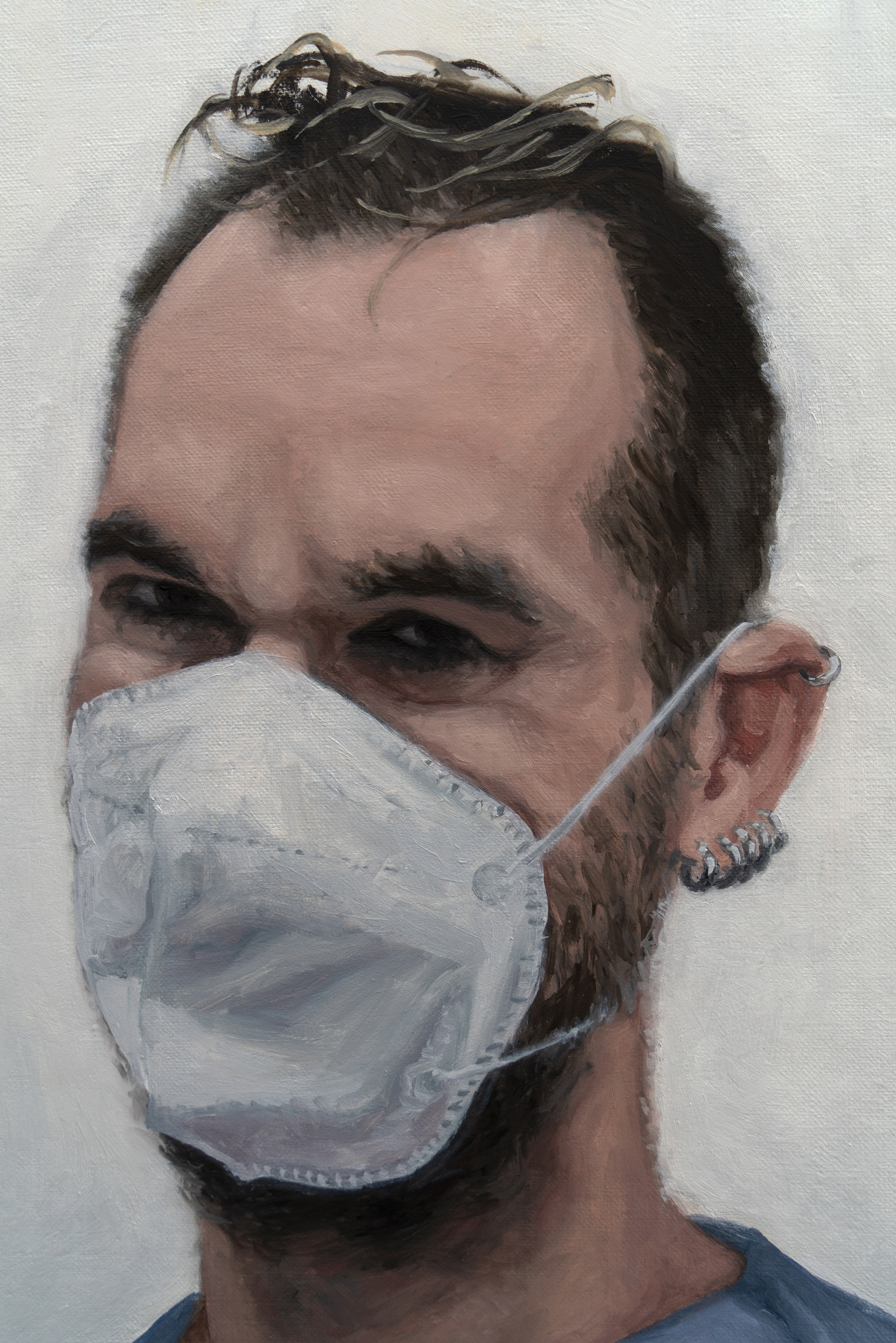 A painting of a man wearing a surgical mask.