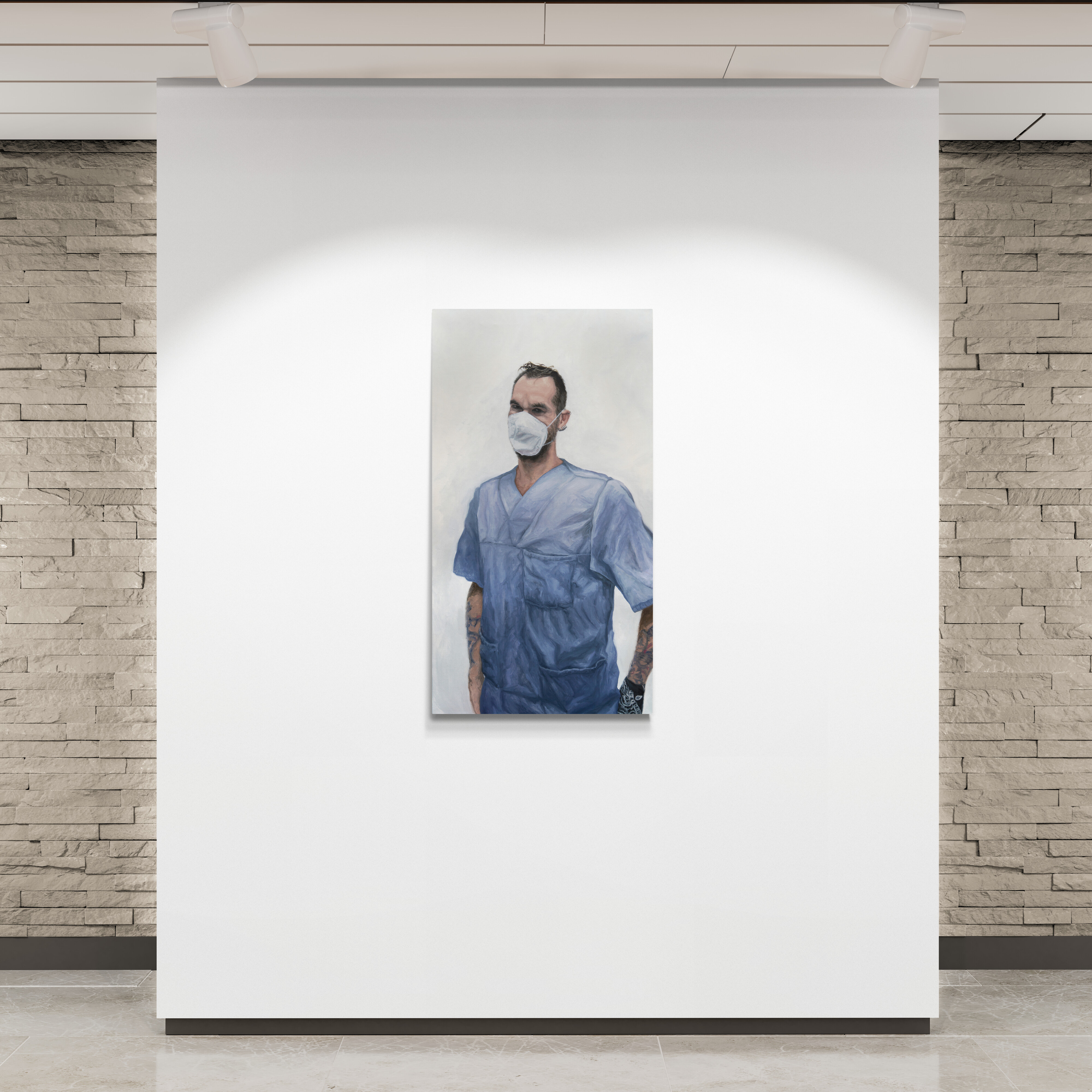 A painting of a man wearing a surgical mask.