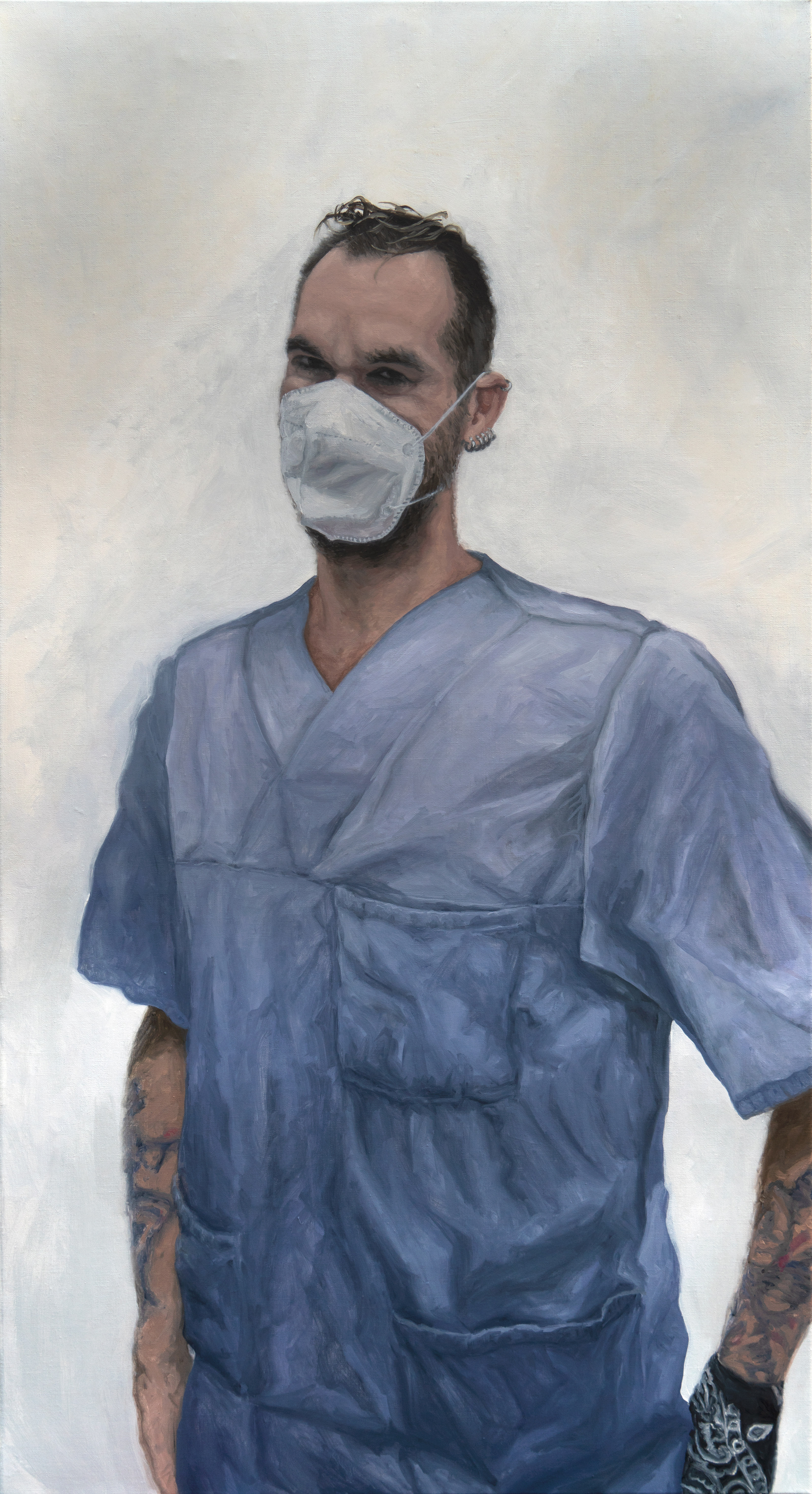 A painting of a man wearing a surgical mask.
