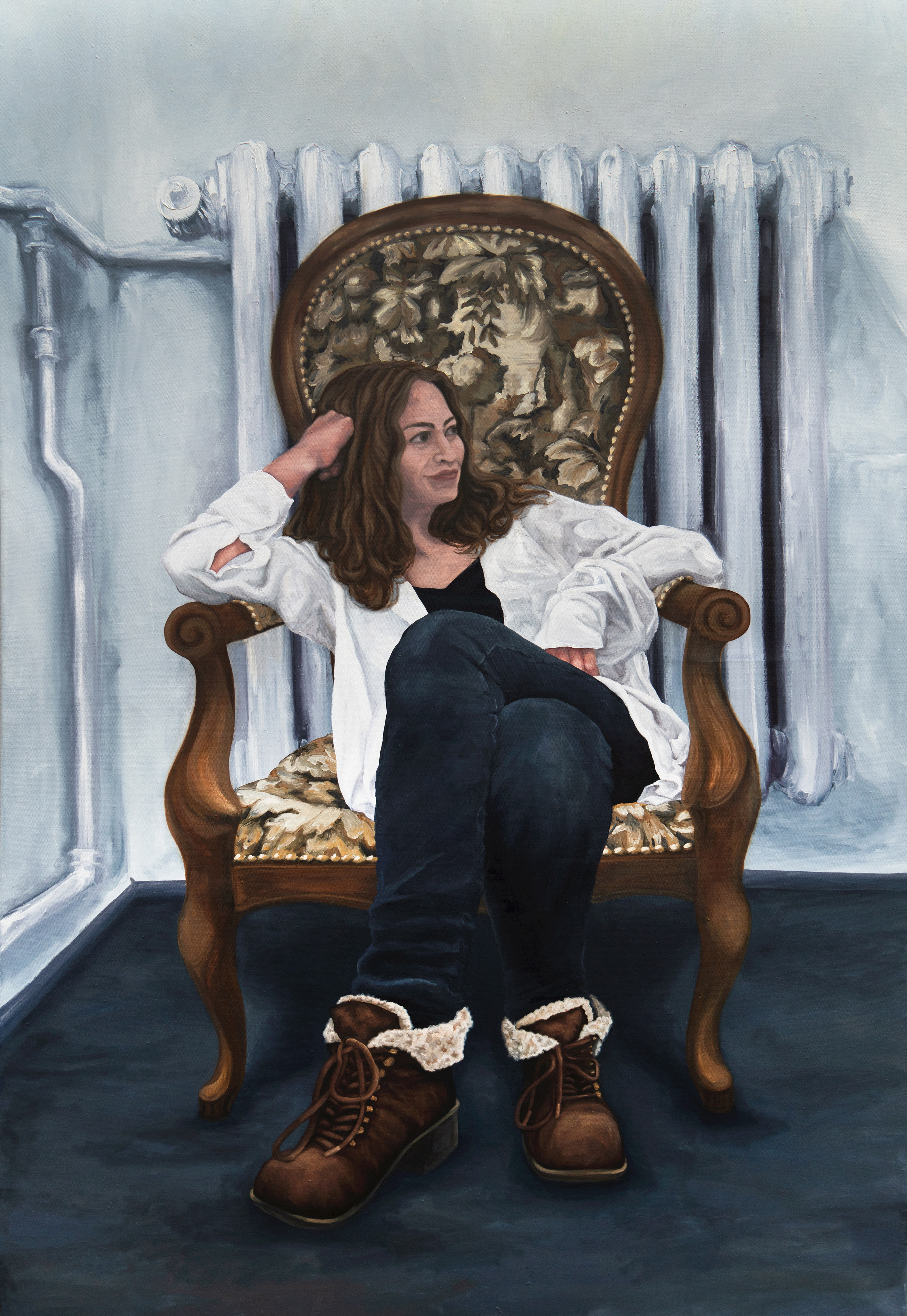 A painting of a woman sitting in a chair.
