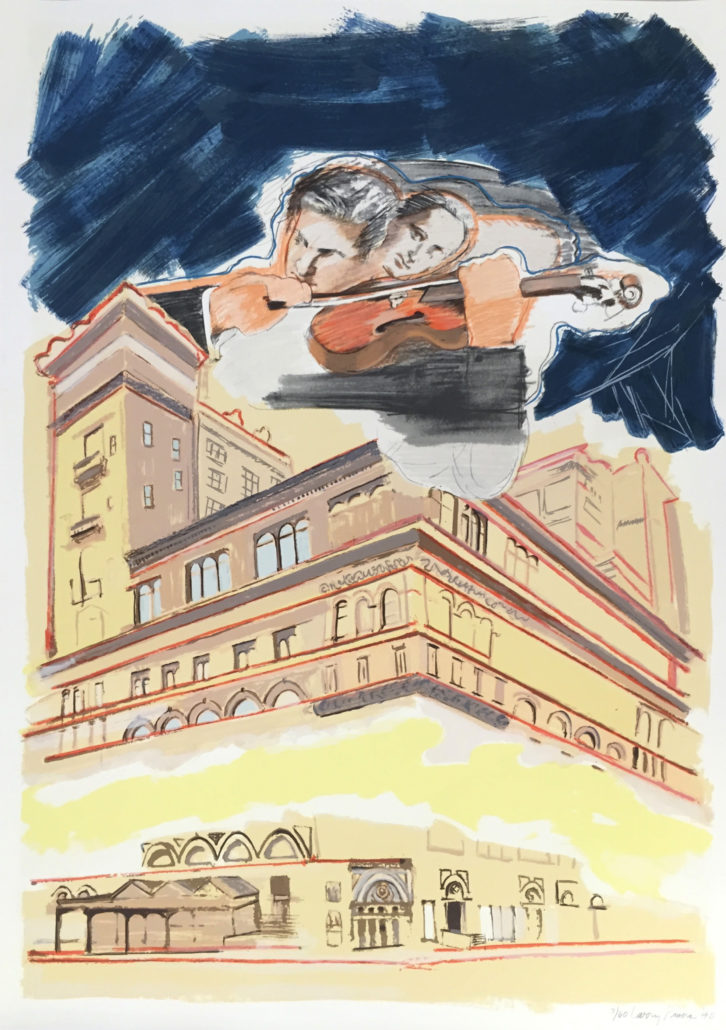 A drawing of a man playing a violin in front of a building.