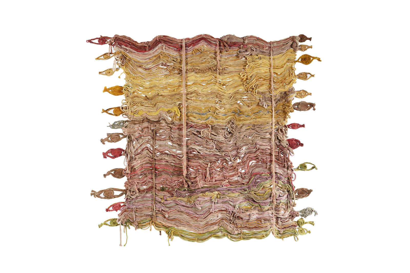 A textured textile artwork featuring layered, wavy threads in earthy tones.