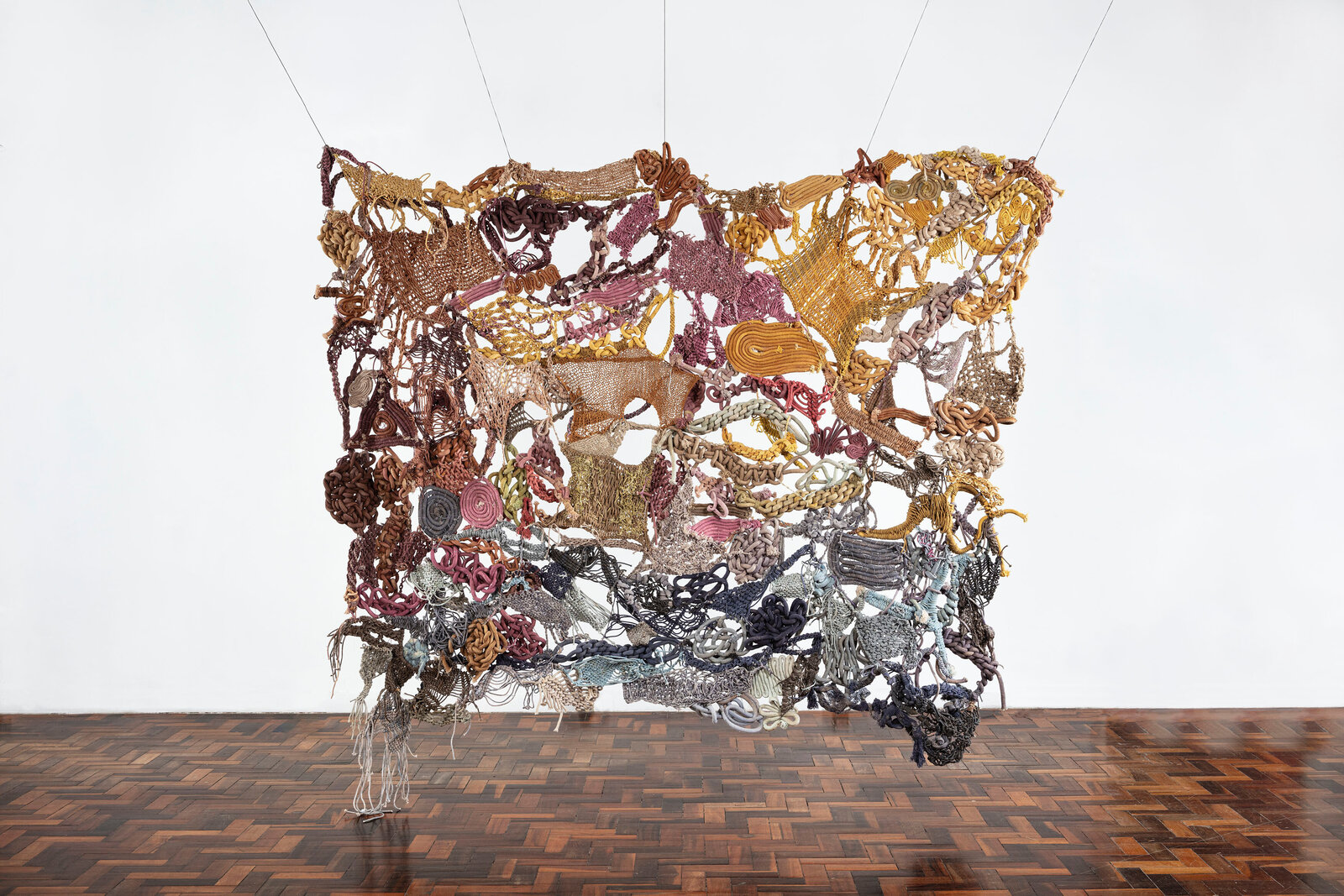 Artwork by Laura Lima, Matinta Pereira, Made of Raw cotton threads dyed by natural pigments 