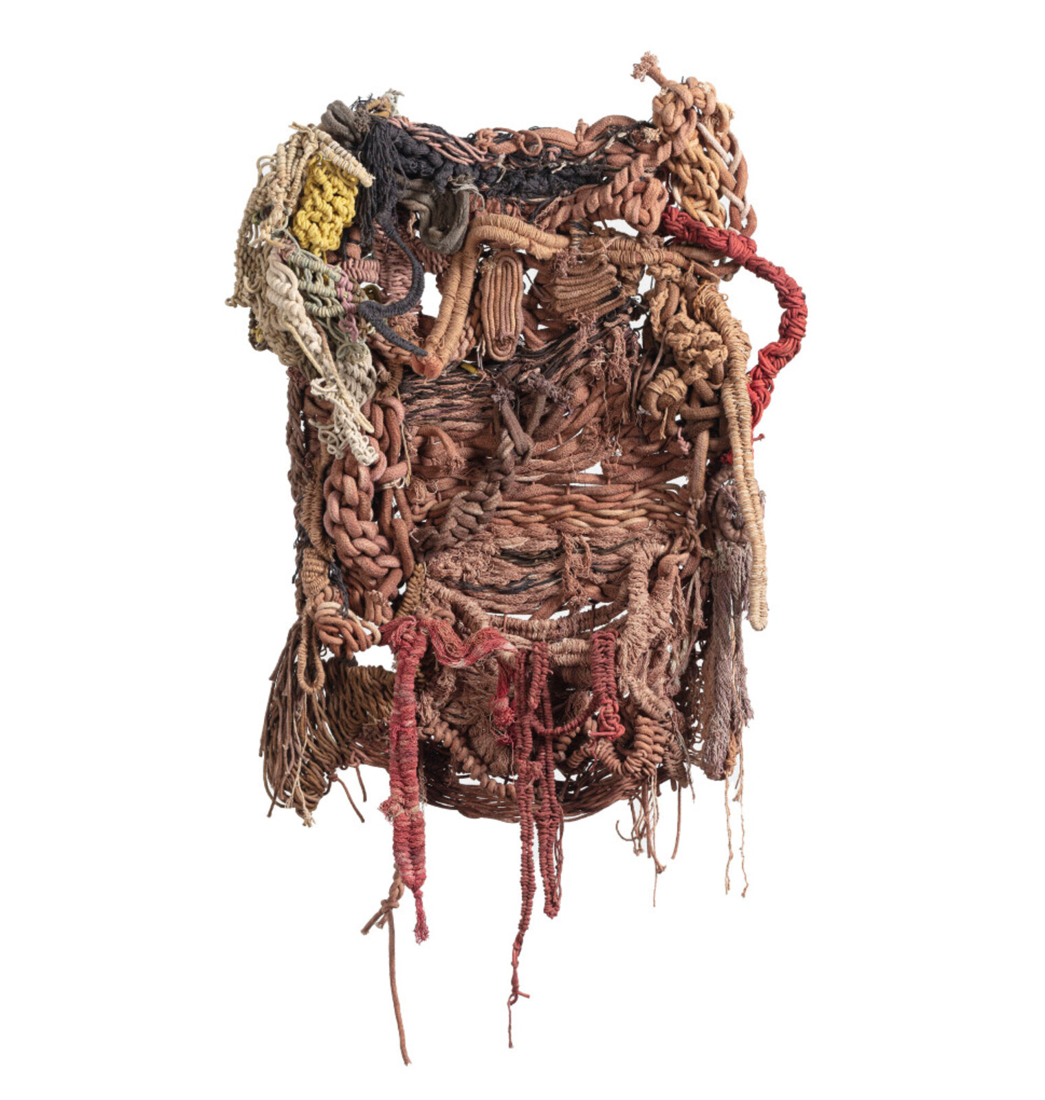 A hanging textile sculpture made of woven fibers and knots.
