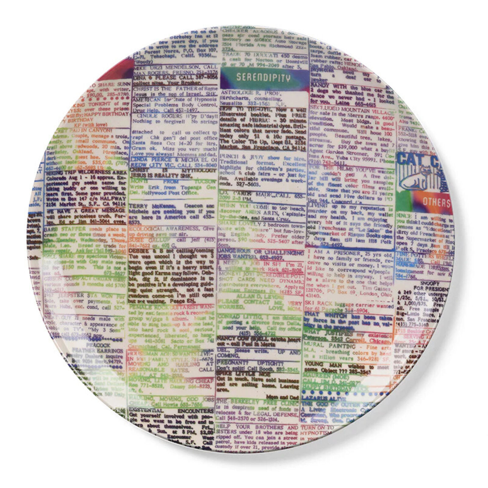 A plate with a collage of words on it. 
